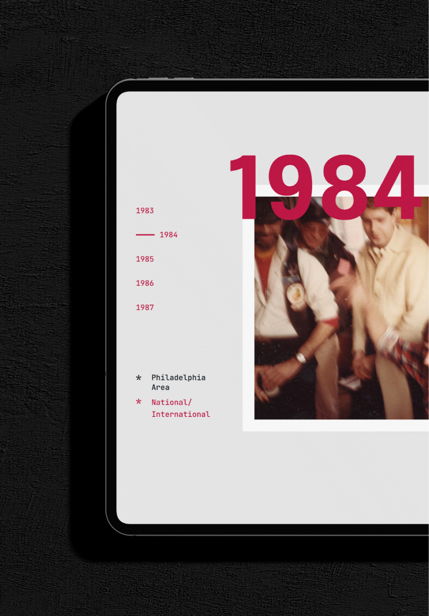 The image features a tablet view of a timeline with "1984" in bold red text. A blurred vintage photo of people is partially visible on a gray background.