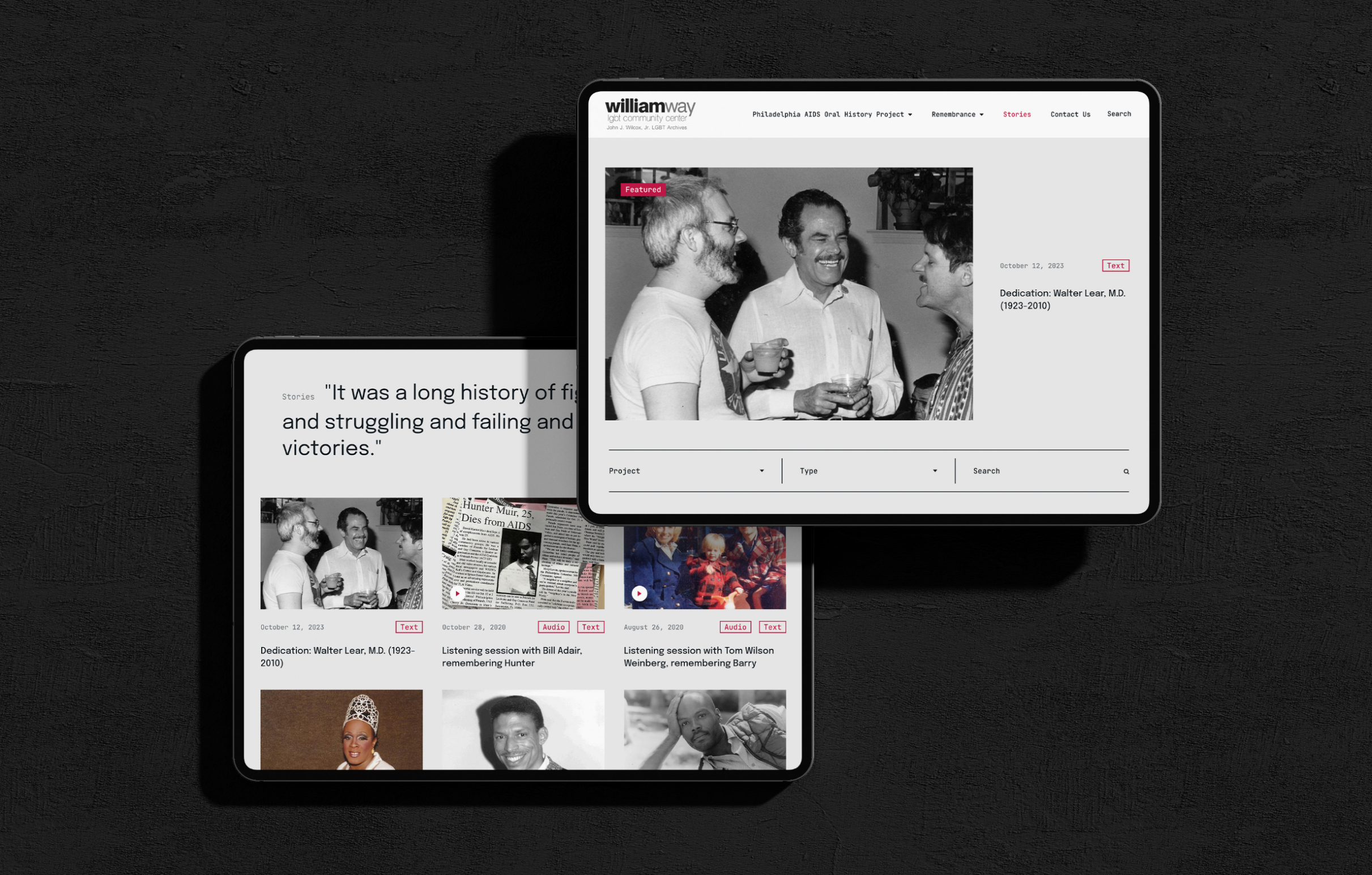 Two overlapping tablet screens displaying the WayGay website with black and white photos. The top screen shows three people sharing a moment and text about Walter Lear.