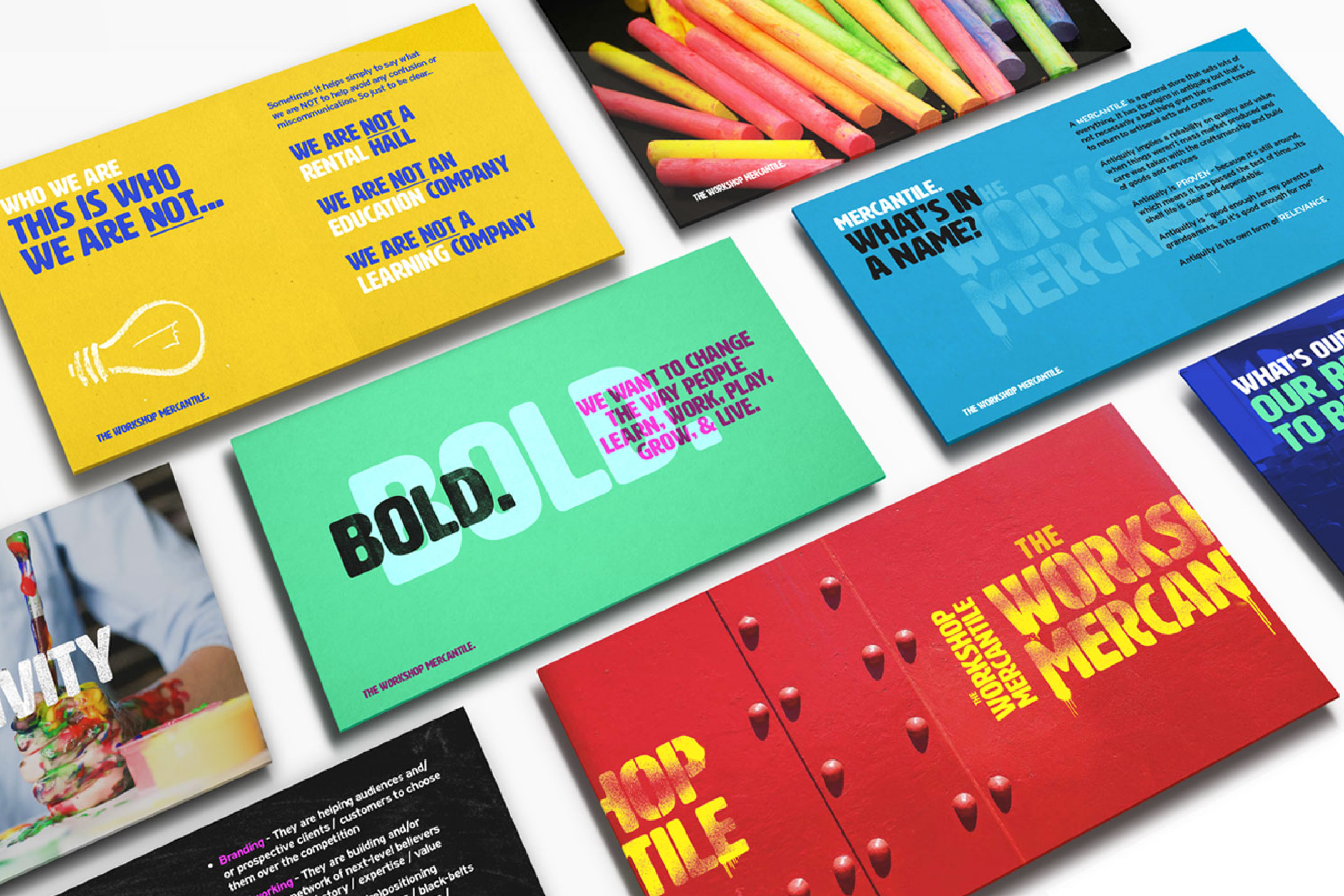 Work-Merk-Brand A colorful spread of cards showcasing creative design with bold text, vibrant colors, and playful elements like chalk and abstract patterns, conveying innovation and dynamism.