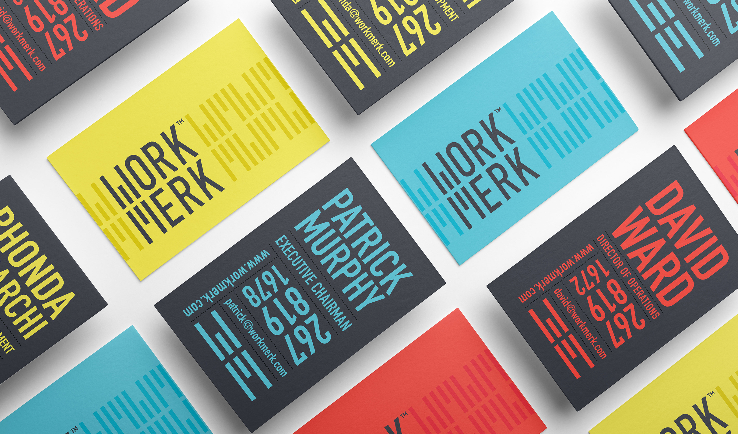Work-Merk-Hero Array of colorful business cards with bold text in red, blue, yellow, and gray. Each card features "WORK MERK" branding prominently, conveying a modern and creative tone.