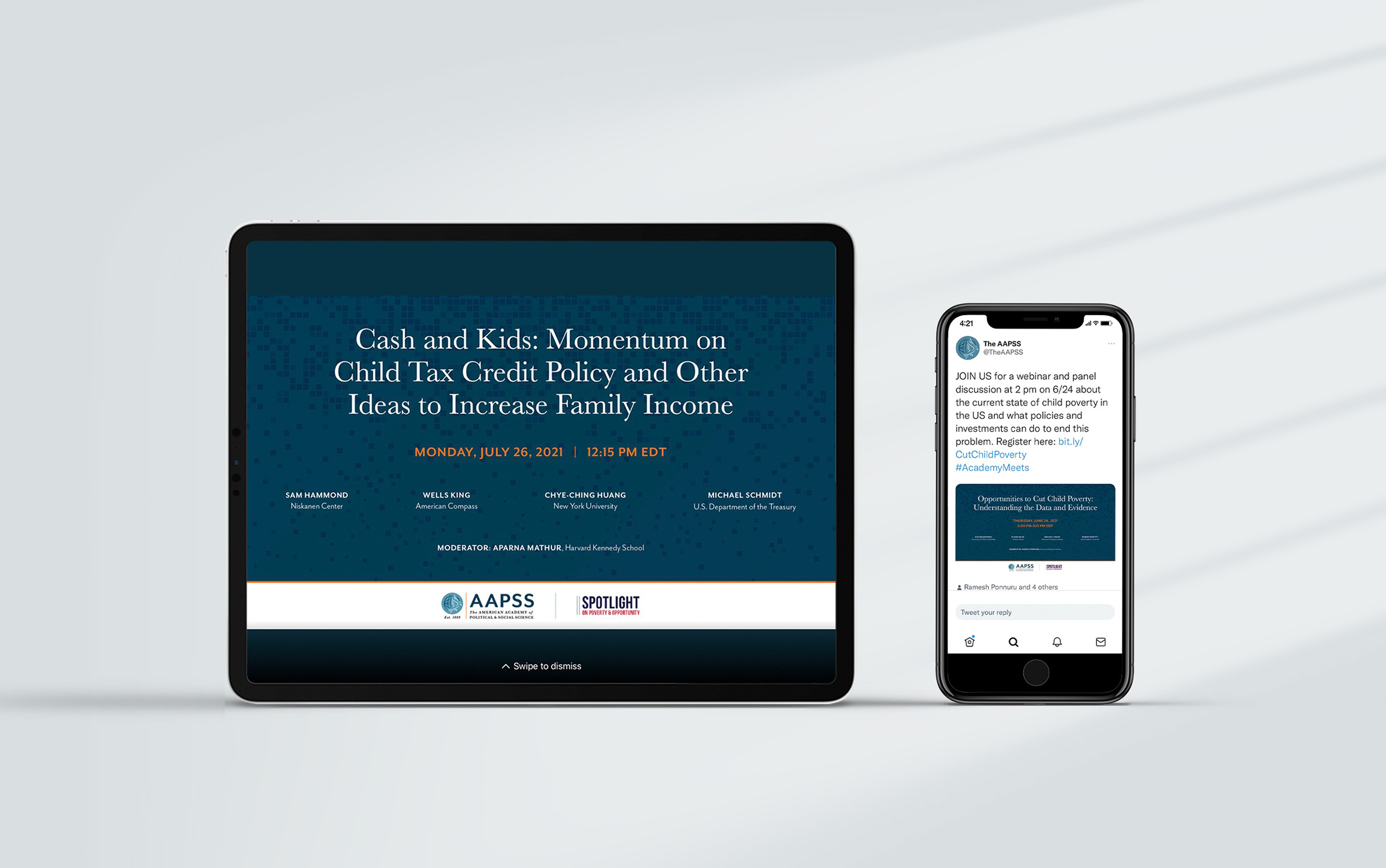 Tablet and smartphone displaying a virtual event titled 'Cash and Kids: Momentum on Child Tax Credit Policy.' Scheduled for July 26, 2021, at 12:15 PM EDT, featuring speakers and hosted by AAPSS and Spotlight. Background has a simple, professional design.
