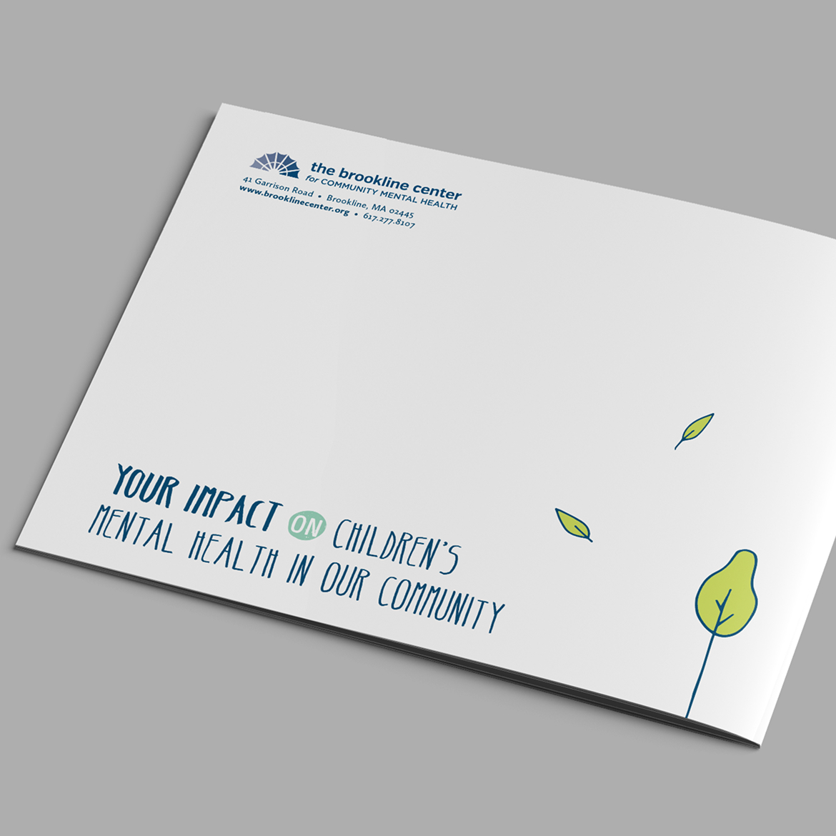 Brookline-2018Back Back of the 2018 Brookline annual report with blue and green text for "Your impact on children's mental health in our community." Features small leaf illustrations.