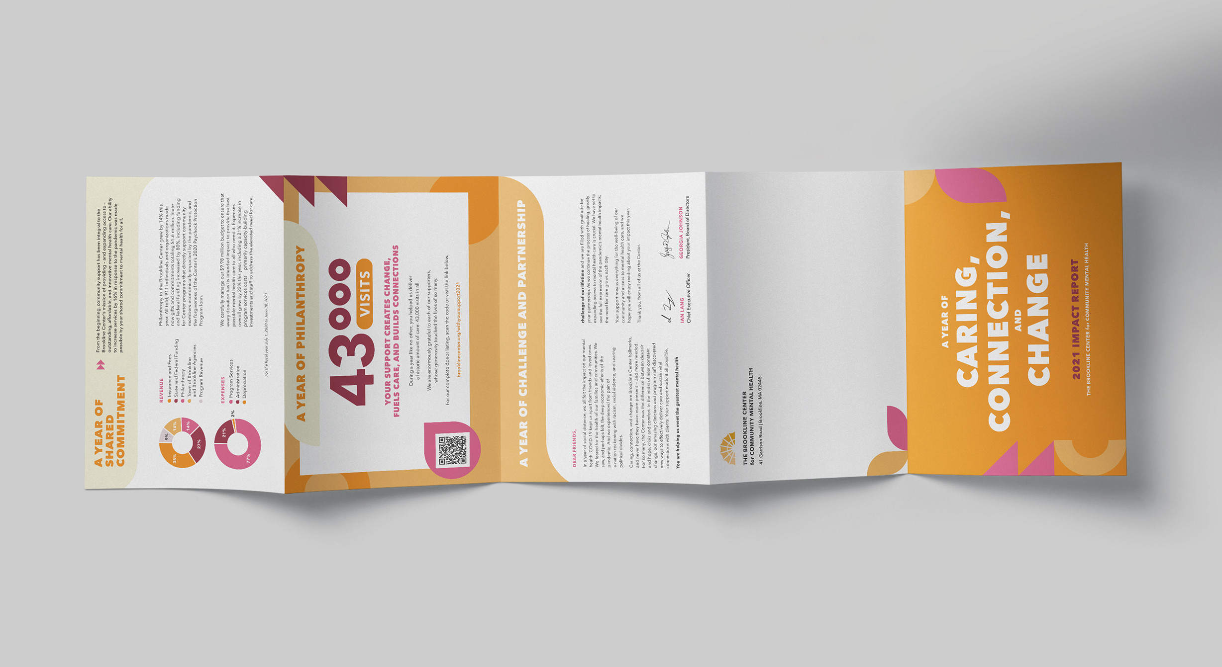 Brookline-2021Exterior The 2021 Brookline annual report unfolded on a gray background. Visible text highlights "43,000 visits" and themes of caring and change. Colors are orange, pink, and white.