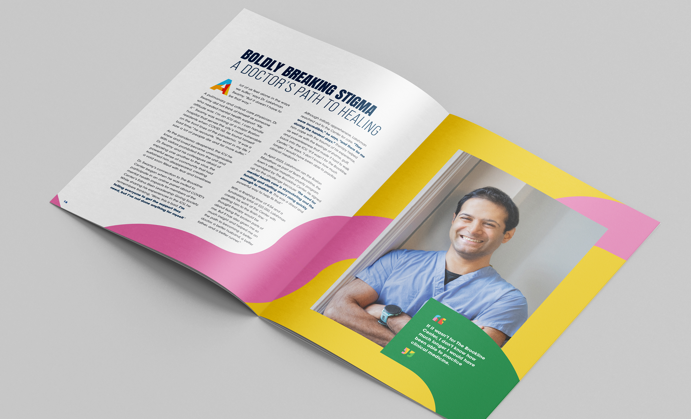 Brookline-2023Interior A spread from the 2023 Brookline annual report with the title "Boldly Breaking Stigma: A Doctor's Path to Healing" with colorful design. Included is an image of a smiling man in blue scrubs.