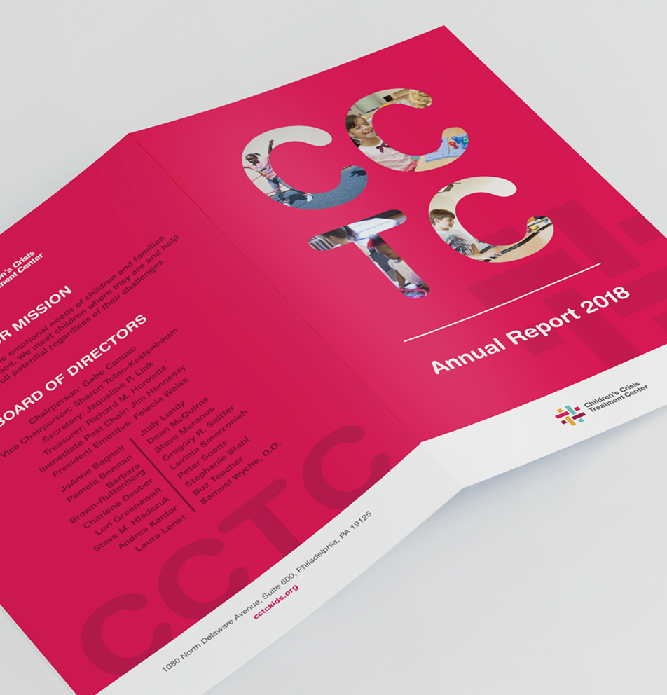 Bright pink CCTC annual report cover showing diverse children in cut-out letters "CCTC." Left flap lists mission and board members. Energetic, hopeful tone.