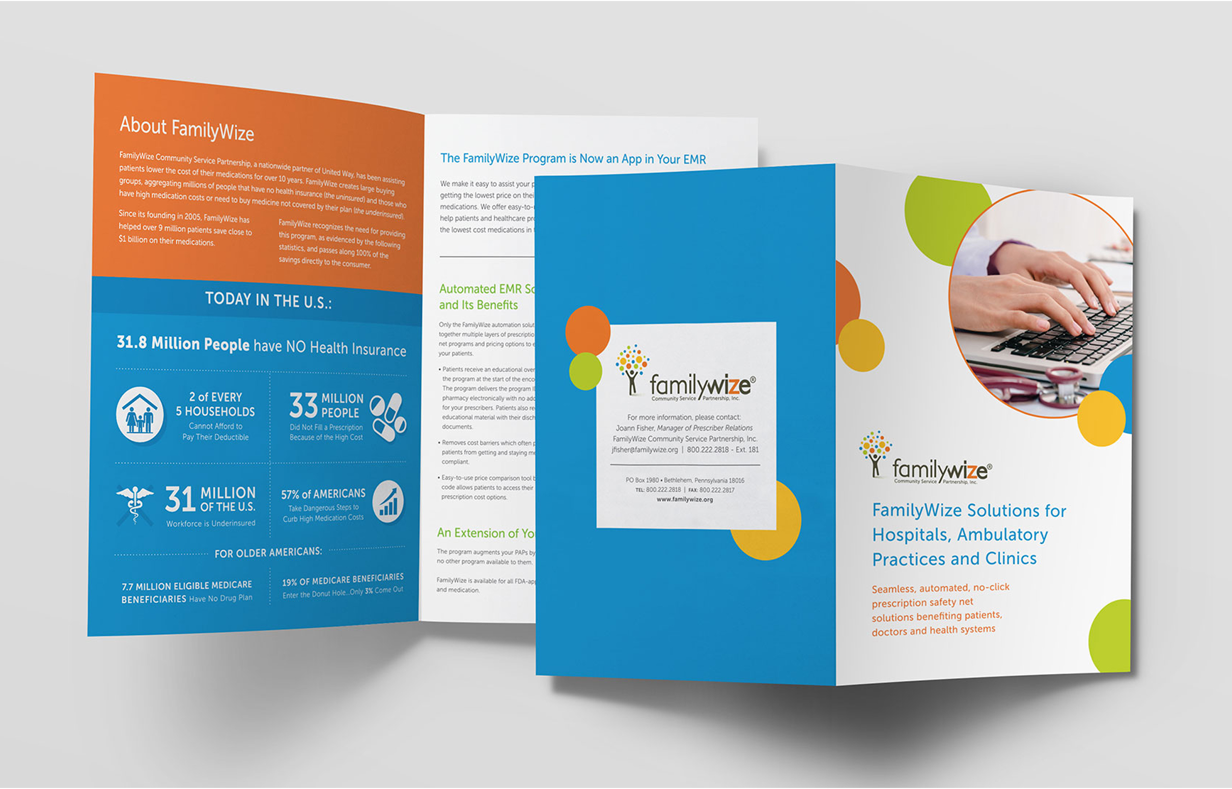 Tri-fold brochure with "FamilyWize" branding. Covers healthcare solutions, insurance stats, and app benefits. Features vibrant colors, text, and an image of typing hands.