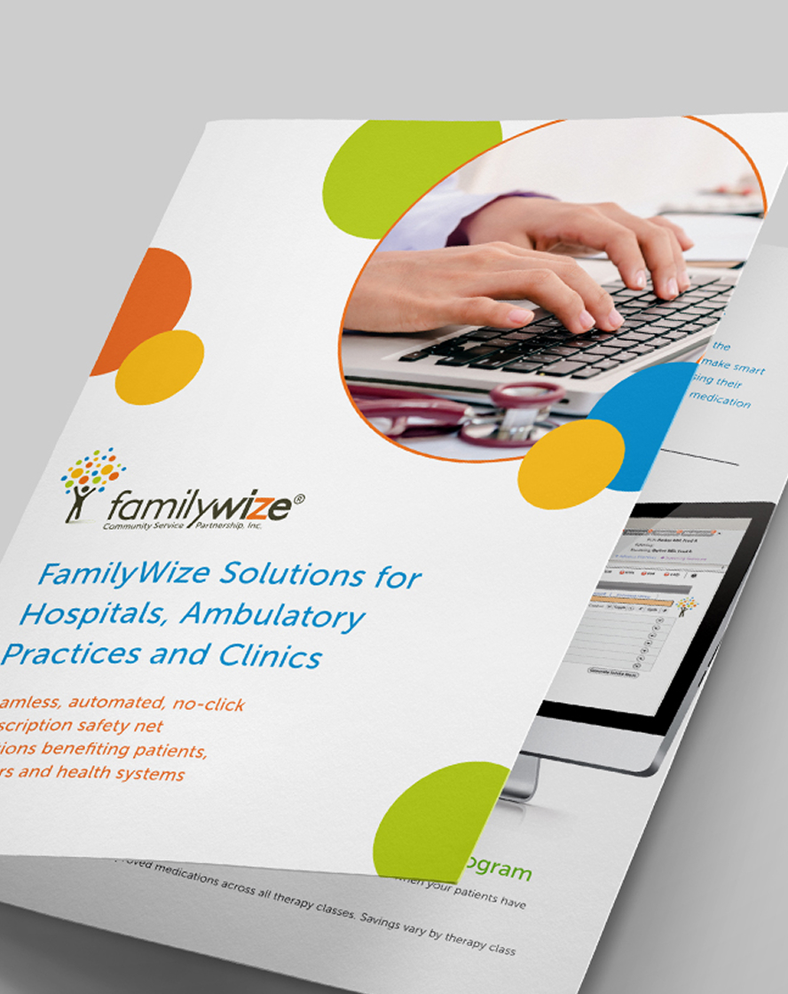 Brochure cover with "FamilyWize" logo. Text reads: “FamilyWize Solutions for Hospitals, Ambulatory Practices and Clinics.” Image of hands typing on a laptop, surrounded by colorful shapes.