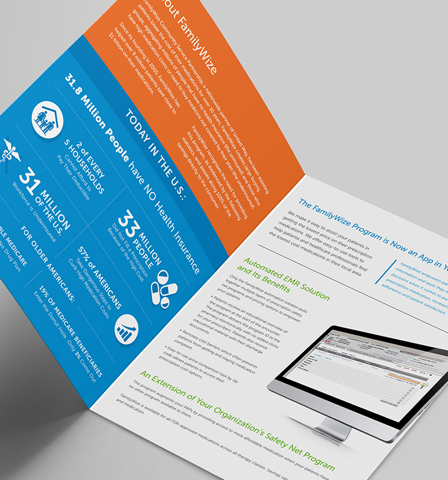 Brochure titled "About FamilyWize," featuring orange and blue sections with healthcare statistics, benefits, and an EMR solution image on a computer screen.
