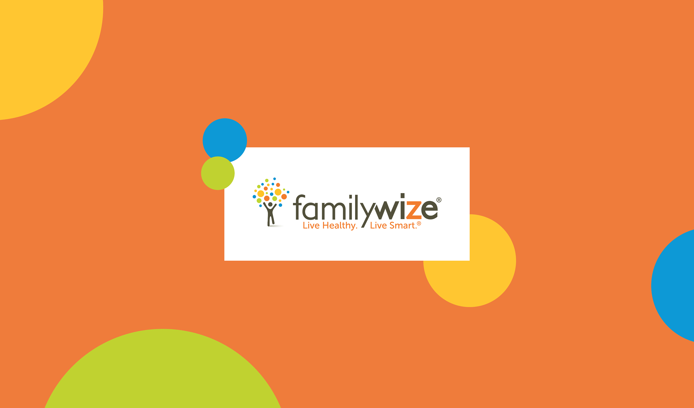 Logo for "Familywize" with tagline "Live Healthy. Live Smart." displayed on an orange background with multicolored circles, conveying a vibrant tone.