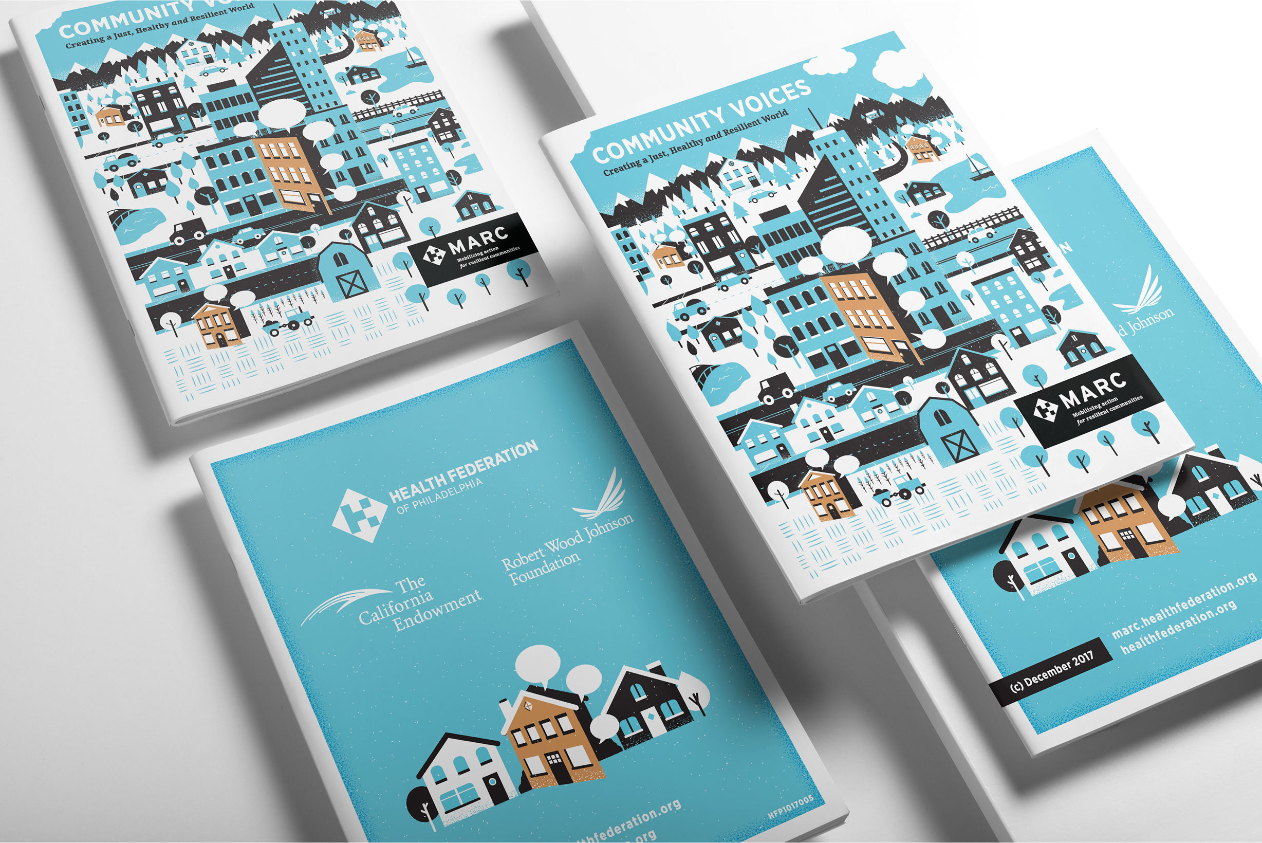 HealthFed-AnnualReport Stylized illustrations of a town with buildings and trees on teal-tinted brochures titled "Community Voices." Emphasizes community and health themes.