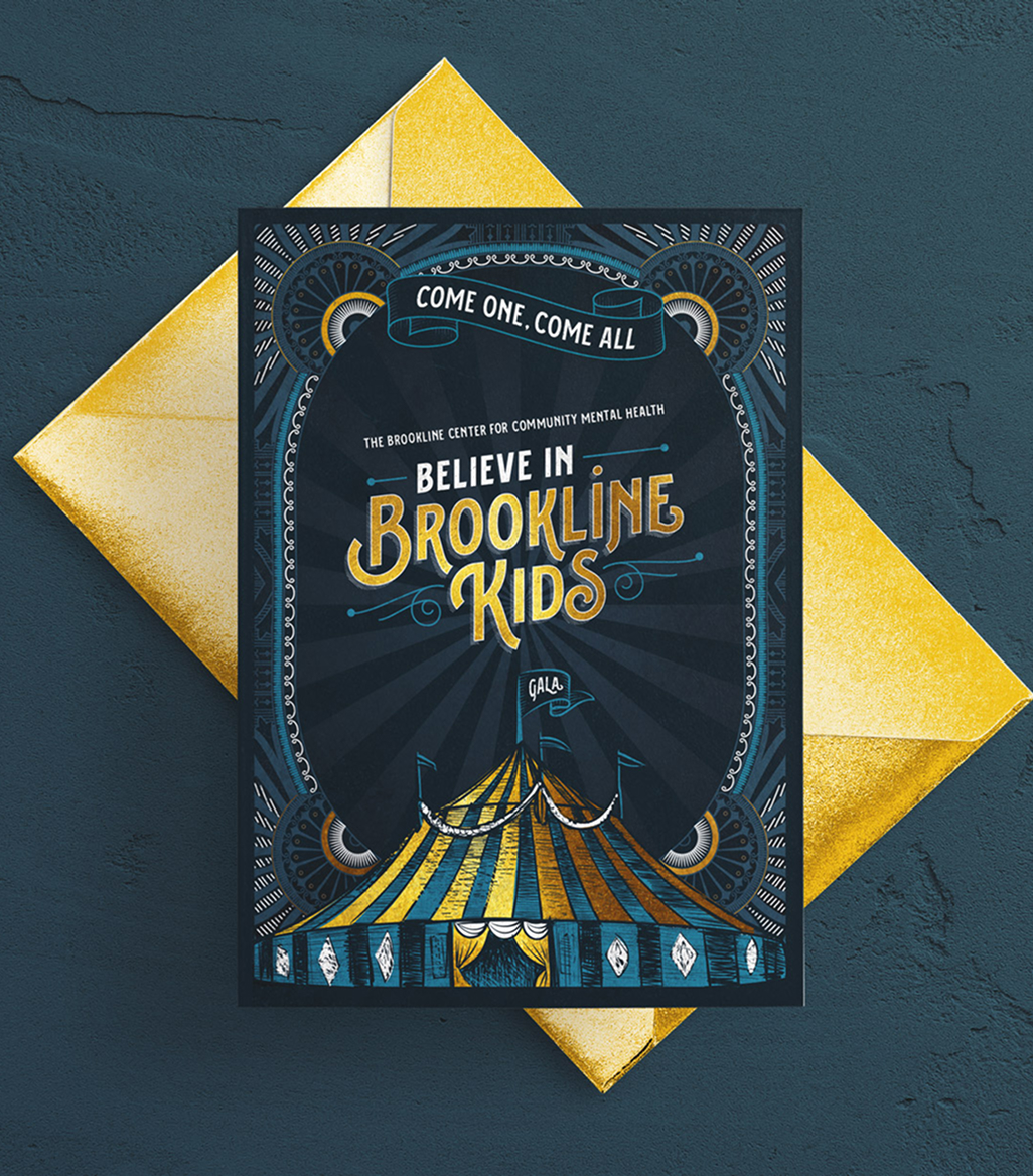 A blue and gold circus-themed invitation with "Believe in Brookline Kids" text. Features a circus tent and the phrase "Come One, Come All" on a dark background with an ornate border.