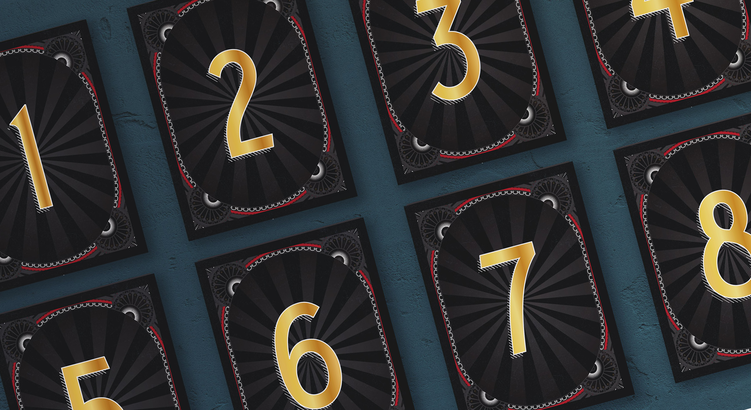 A series of table numbers with bold golden numbers 1 to 8 on a dark, fan-like patterned background. Red accents and ornate corners add an elegant touch.