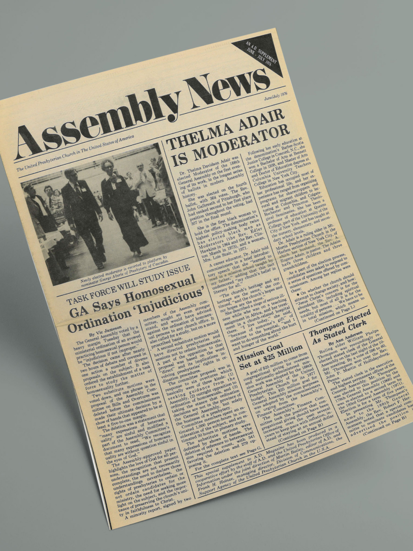 BKBB-HistoryDoc Assembly News newspaper featuring a headline about Thelma Adair as moderator. Includes articles on church topics and a black-and-white photo of attendees.