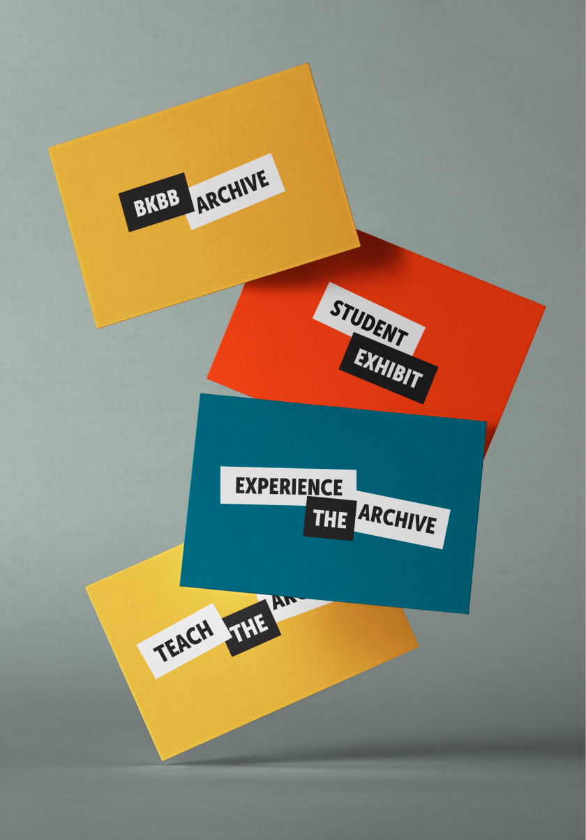 BKBB-Logos Four colorful cards against a gray background. Top is yellow with "BKBB Archive," followed by red "Student Exhibit," teal "Experience the Archive," and yellow "Teach the Archive." Each card features bold, black-and-white text, conveying a creative, educational theme.
