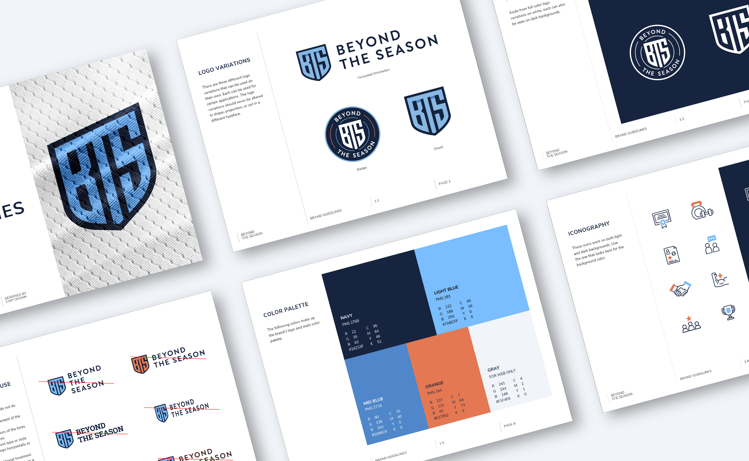 Pages from the Beyond The Season brand guidelines showcases brand elements including logo variations, color palette, typography, and icons. Clean, modern aesthetic.