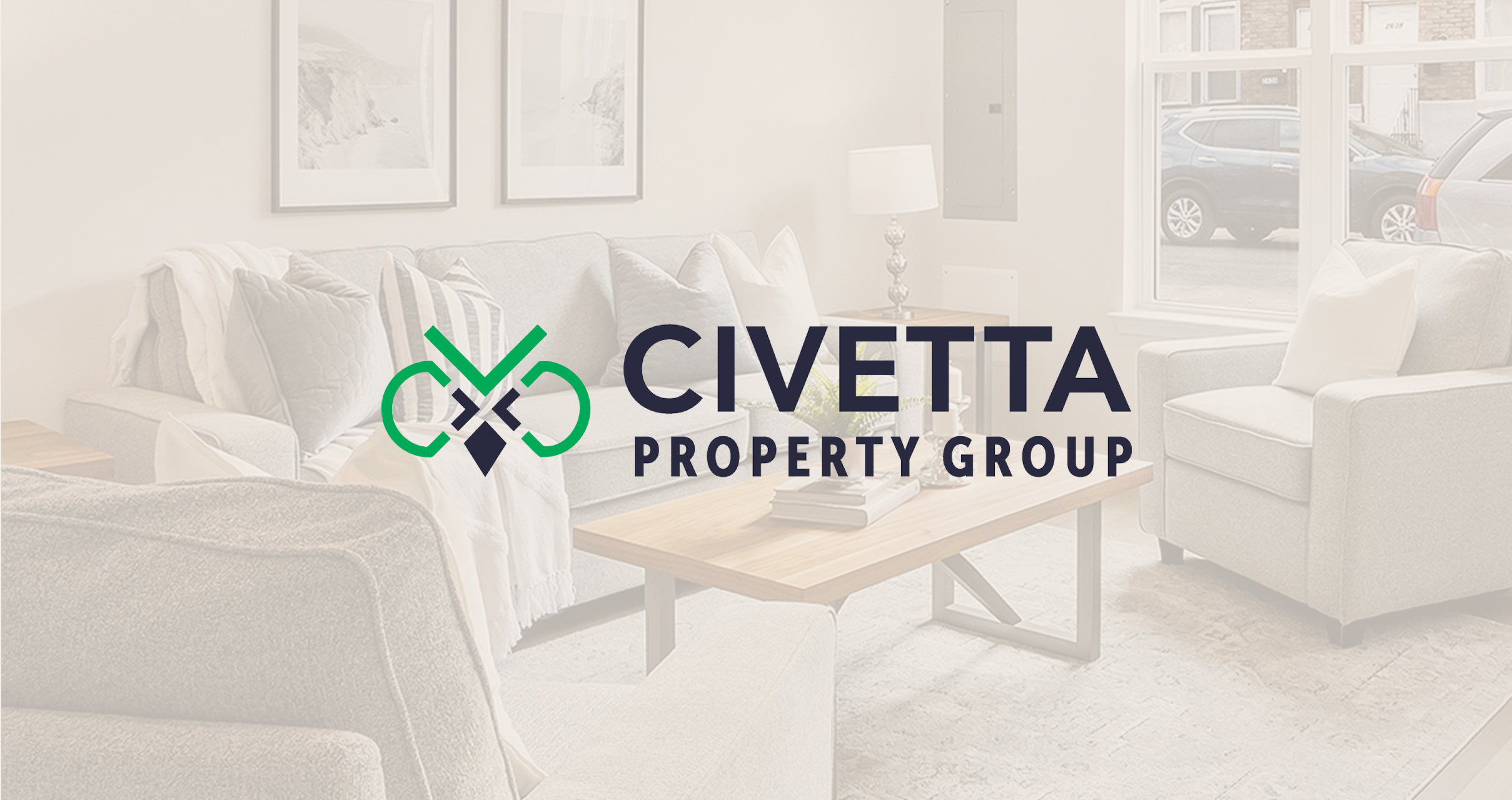 Civetta-Hero A cozy living room with modern decor, featuring a gray couch, armchair, and wood coffee table. "Civetta Property Group" logo is overlaid prominently.