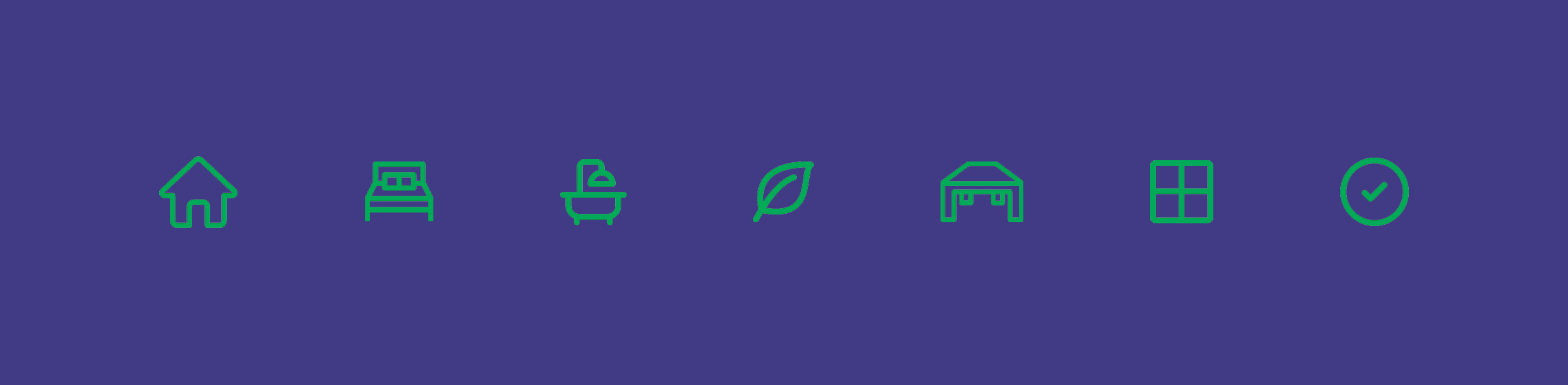 Green icons on a purple background depict a house, bed, bathtub, leaf, garage, window, and checkmark.