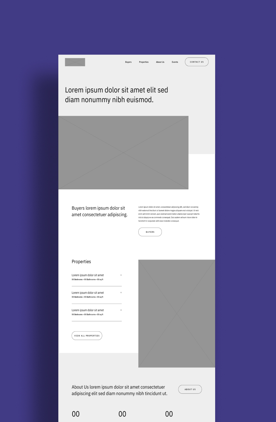 Civetta-Wireframe Homepage wireframe for Civetta Property Group on a purple background showcasing a large header, placeholders for images and text, and a navigation menu atop.