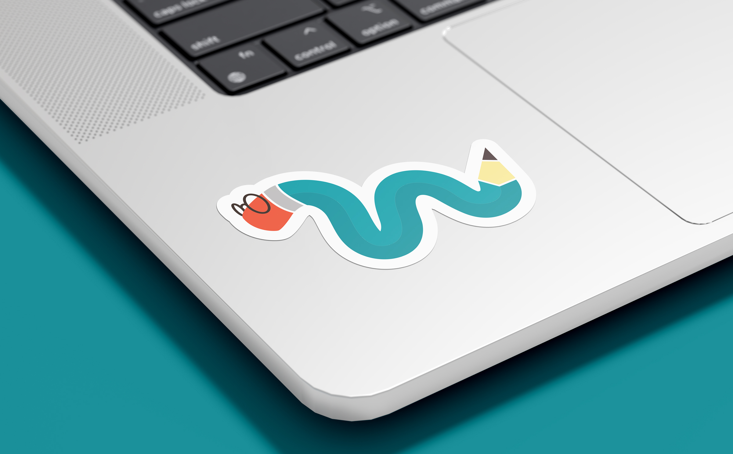 A sticker of a squiggly illustrated pencil character with glasses implying the character is a worm. The sticker sits on top of a silver laptop, and the background is teal, creating a playful, modern vibe.