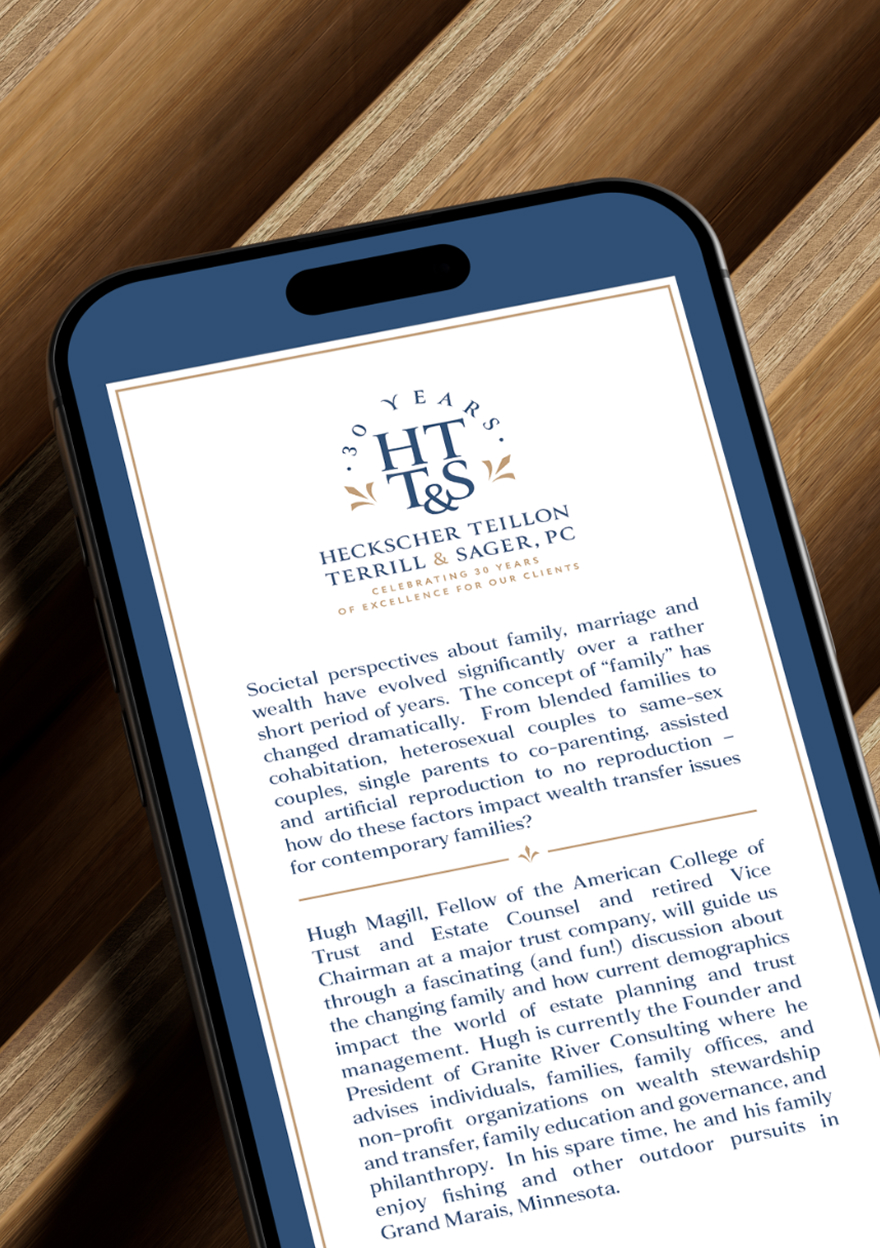 Smartphone screen on a wooden surface showing text from HTT&S, celebrating 30 years. The text discusses evolving family dynamics and wealth.