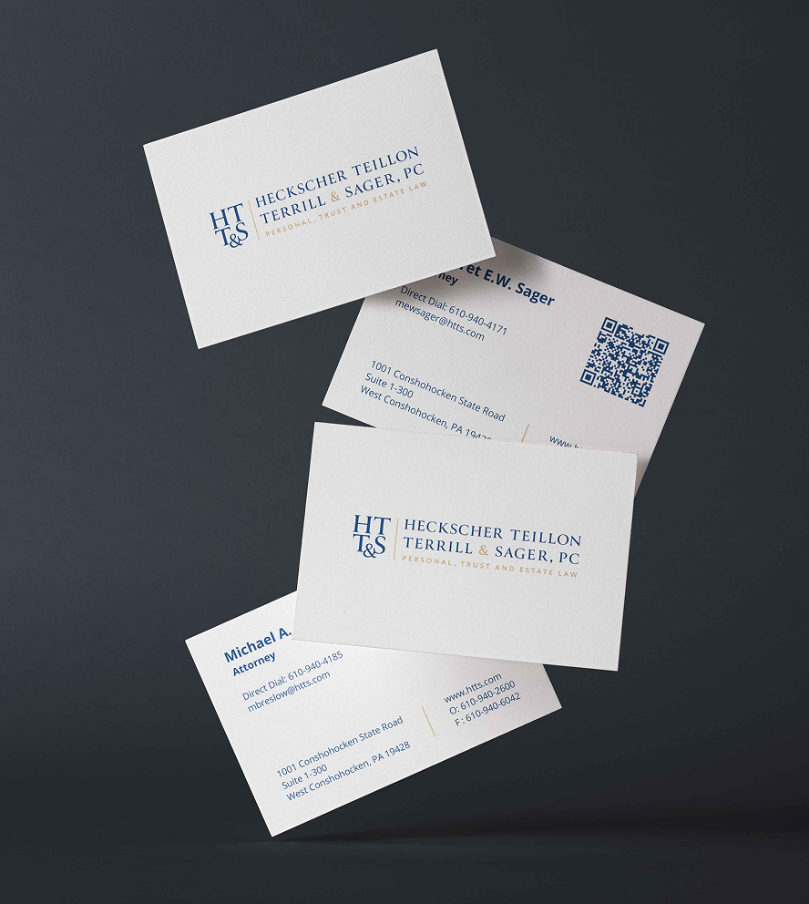Four business cards for the law firm HTT&S, showcasing the firm's name, logo, contact details, and a QR code. Set against a dark background, the cards project professionalism.