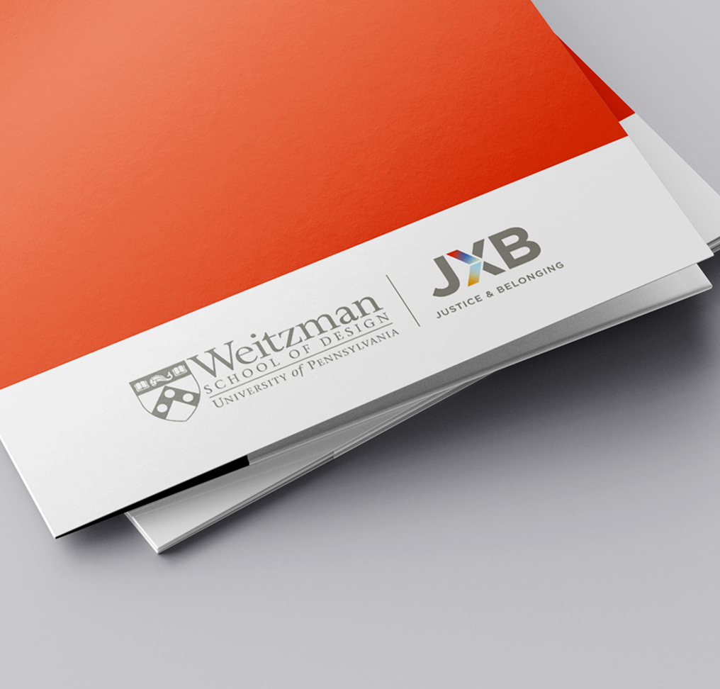 Red and white folder with logos of the Weitzman School of Design and JXB Justice & Belonging. Professional and academic design theme.