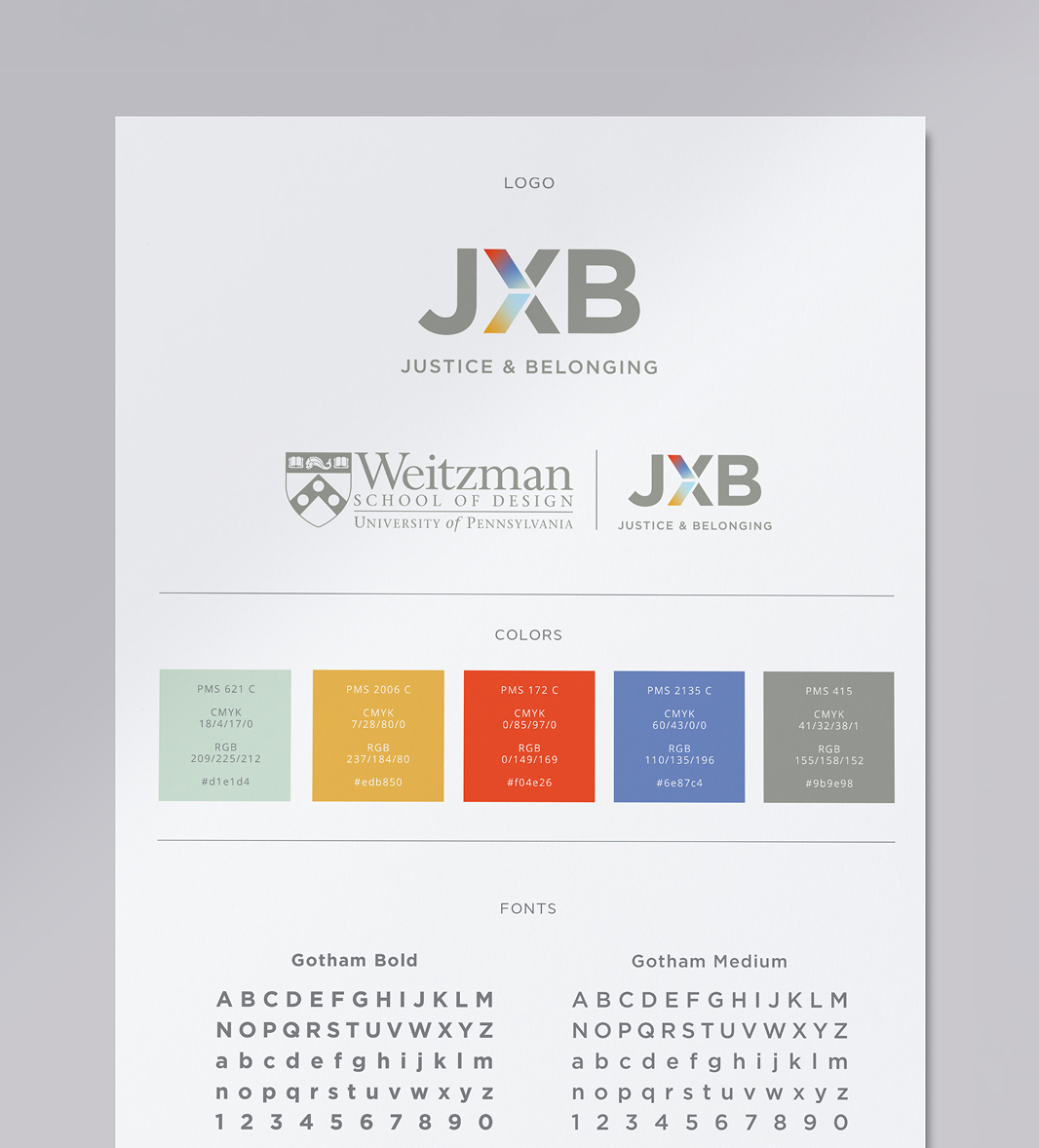 Branding guideline document featuring the "JXB Justice & Belonging" logo, color swatches, and Gotham Bold and Medium fonts. Refined and professional tone.