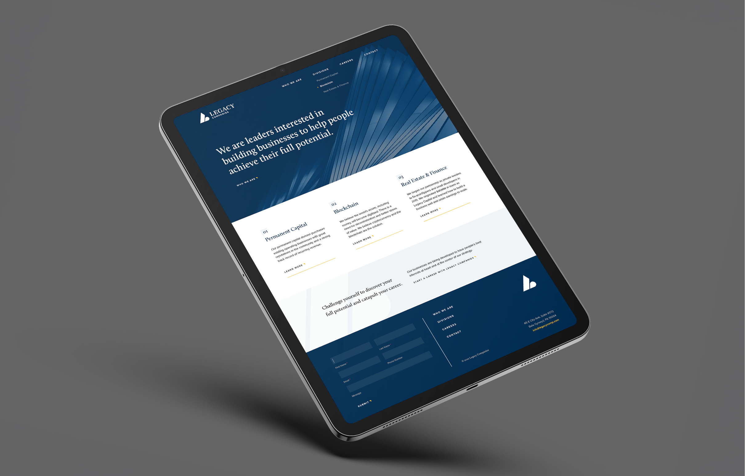 Legacy-Homepage Tablet displaying a business the homepage for the Legacy website with a dark blue theme. It features white text with sections on performance capital and a modern abstract background.