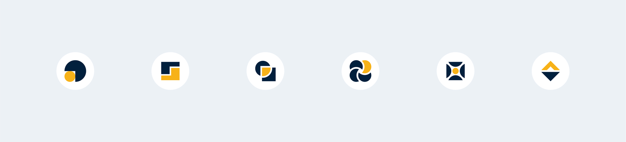 Six abstract icons in a row on a light gray background, featuring geometric shapes in navy and yellow. Each design is unique, conveying a modern, minimalistic style.