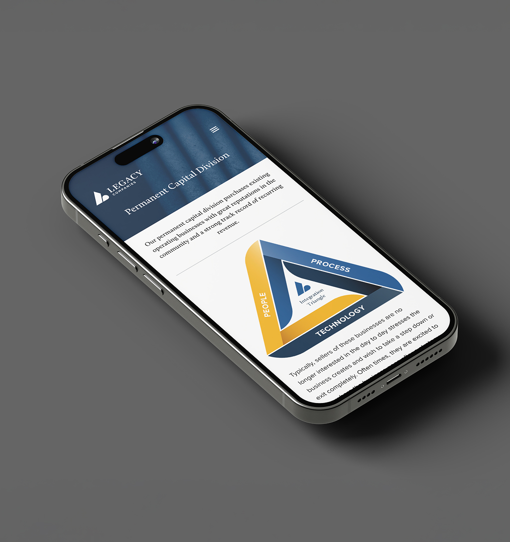 Legacy-Mobile A smartphone displaying a page on the Legacy Companies website titled "Permanent Capital Division." A a triangular diagram labeled "People," "Process," and "Technology" sits below the title. The tone is professional.