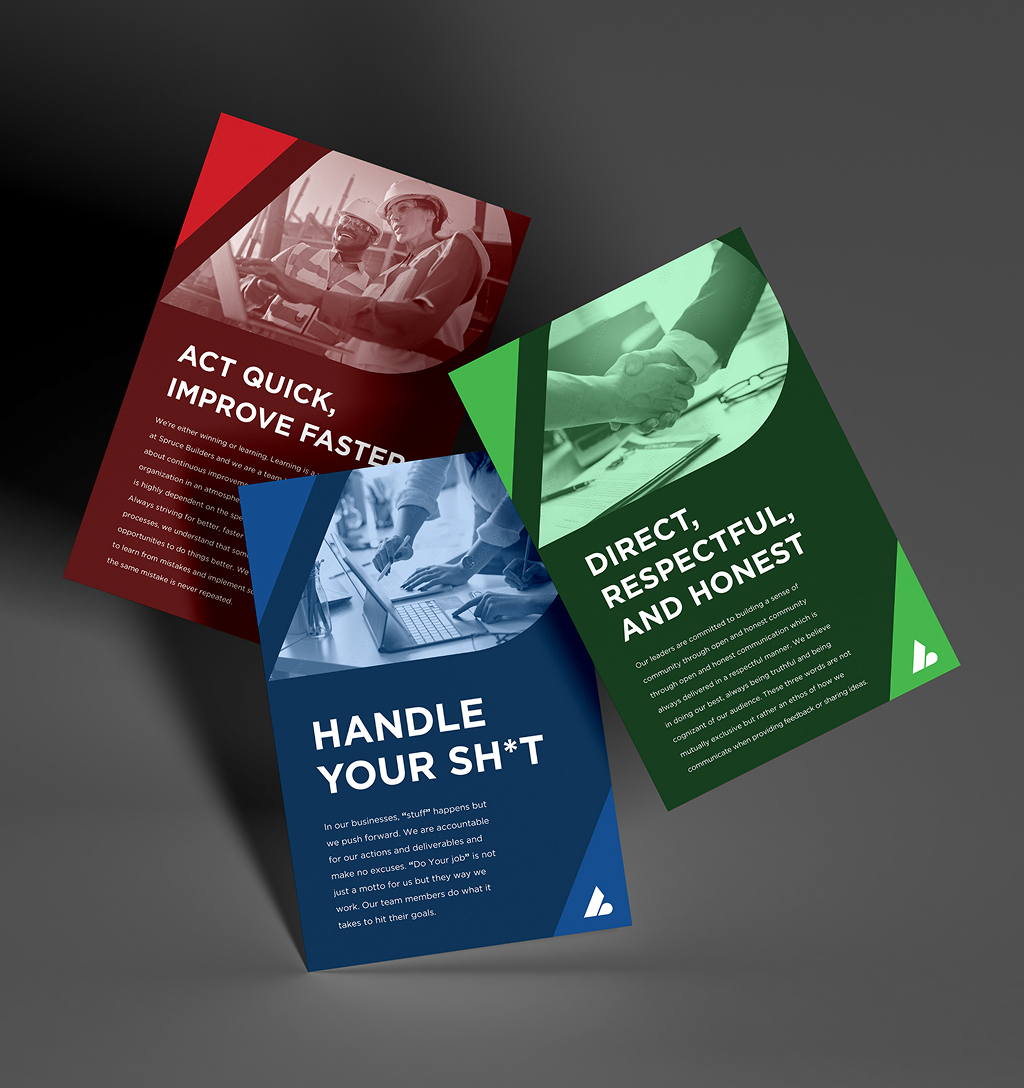 Legacy-Posters Three posters for Legacy Companies in red, green, and blue with business themes. Titles include "Act Quick, Improve Faster," "Direct, Respectful, and Honest," and "Handle Your Sh*t." Images show business professionals.