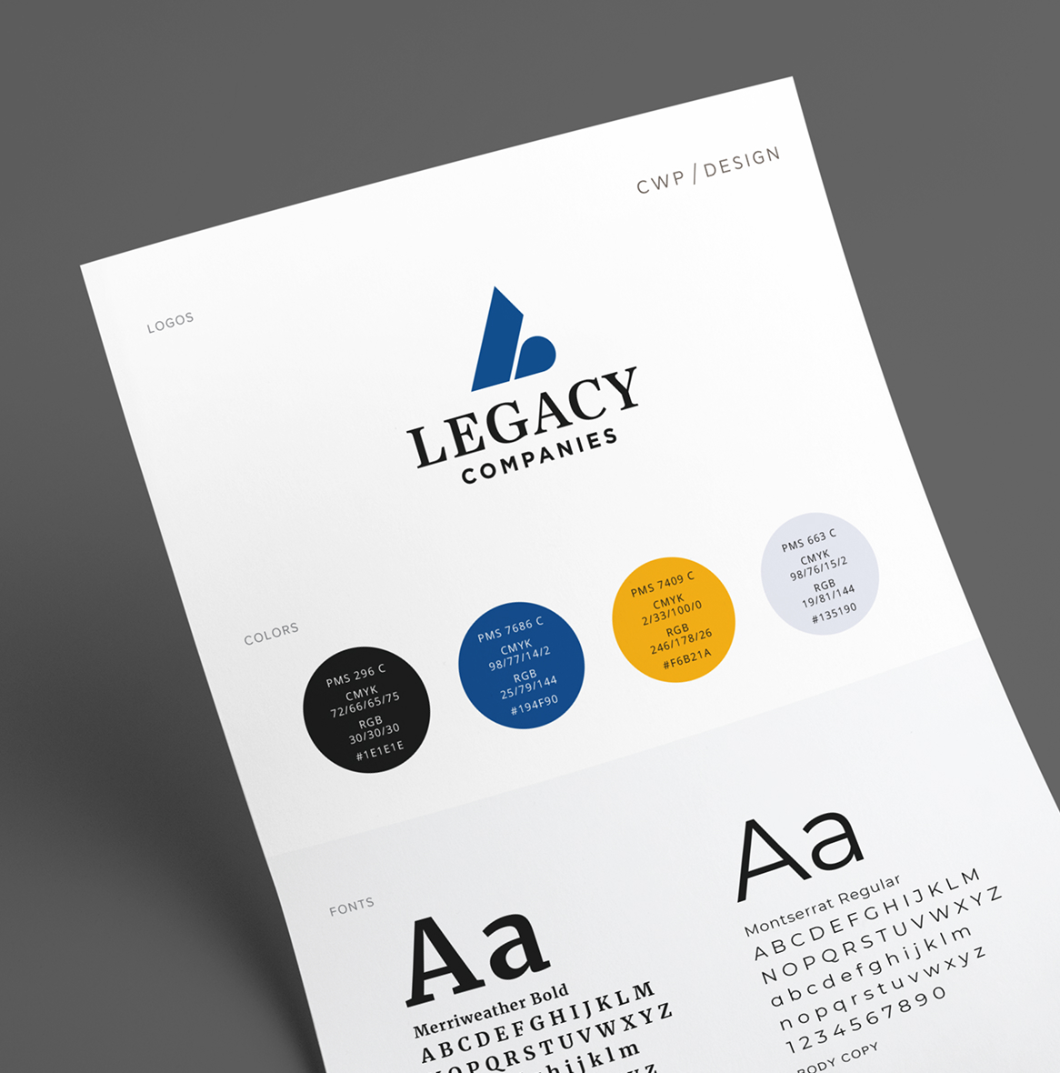 Legacy-StyleGuide A style guide with 'Legacy Companies' logo in blue and black. Below are four circular color samples including black, blue, yellow, and light gray and examples of Merriweather Bold and Montserrat Regular fonts.