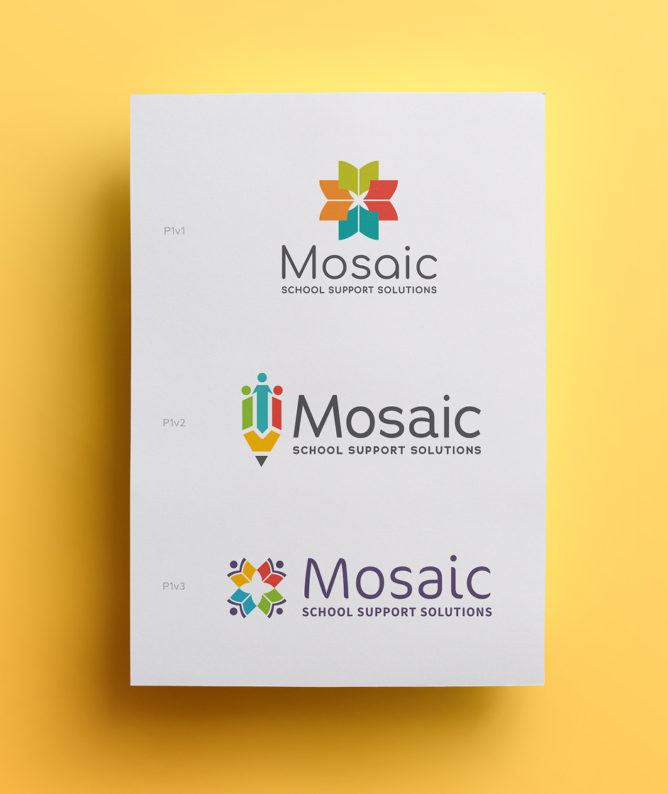 Three "Mosaic School Support Solutions" logo options on white paper with a yellow background. Each features unique colorful geometric designs depicting books, a pencil, and people.