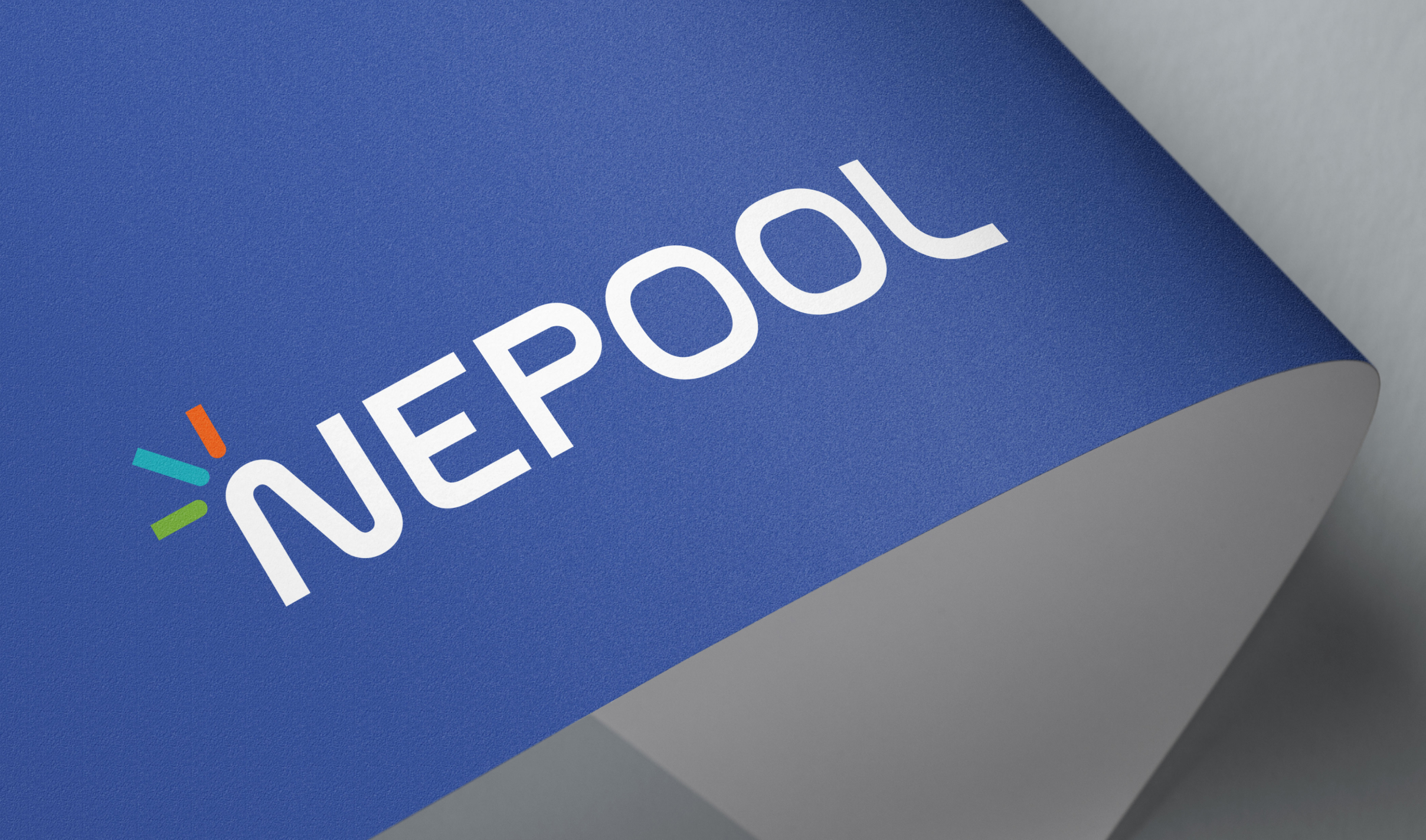 A piece of blue paper bent backwards with a logo on top. The logo reads "NEPOOL" in white, featuring orange, blue, and green lines near the "N." Modern and clean design.