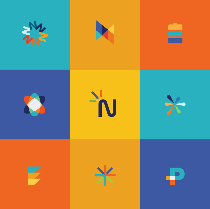 A 3x3 grid with abstract symbols on colorful backgrounds. Central bold "N" on yellow, surrounded by geometric and circular patterns. Vibrant, playful tone.