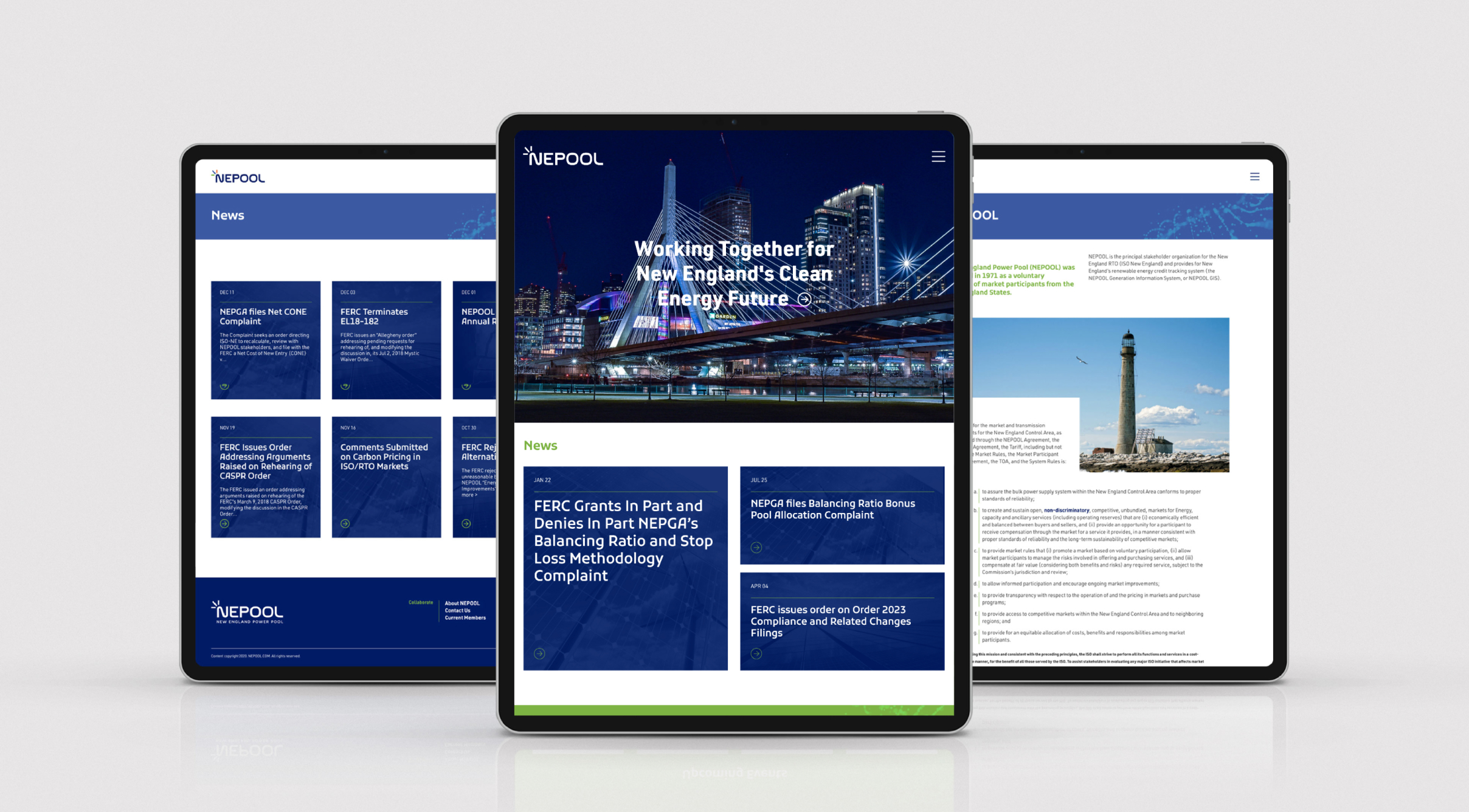 Three tablets displaying a different pages from the NEPOOL website. The tablet in the center shows the homepage featuring a city skyline and 3 News posts. The tablet to the left shows the News page with 6 posts. The table to the right shows the About page with text about the company.