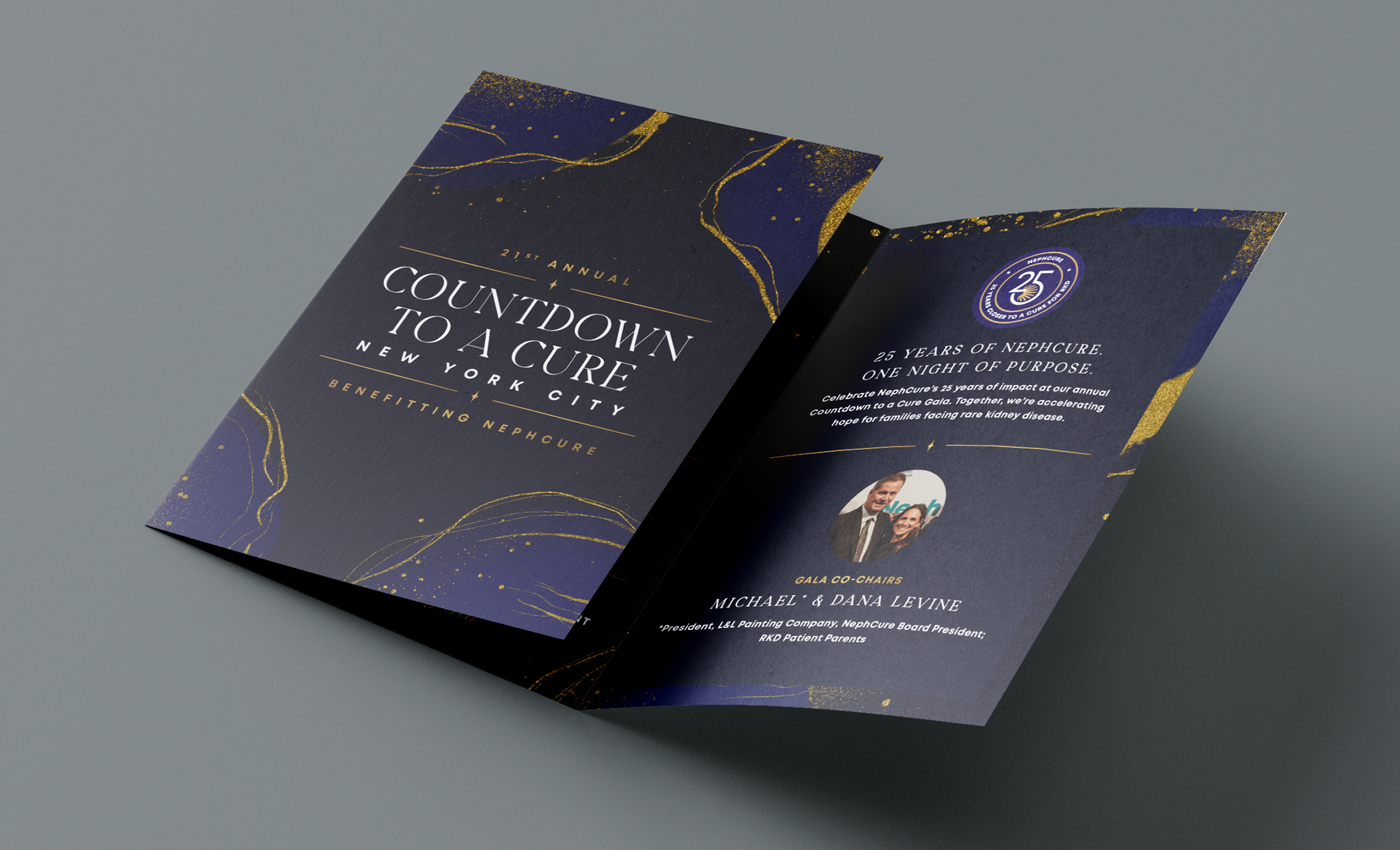 A folded event invitation with a dark blue and glittering gold swirling design. The front reads "Countdown to a Cure, New York City." Inside, there's text about a gala benefitting NephCure, with a small photo of two people and a 25th-anniversary logo.