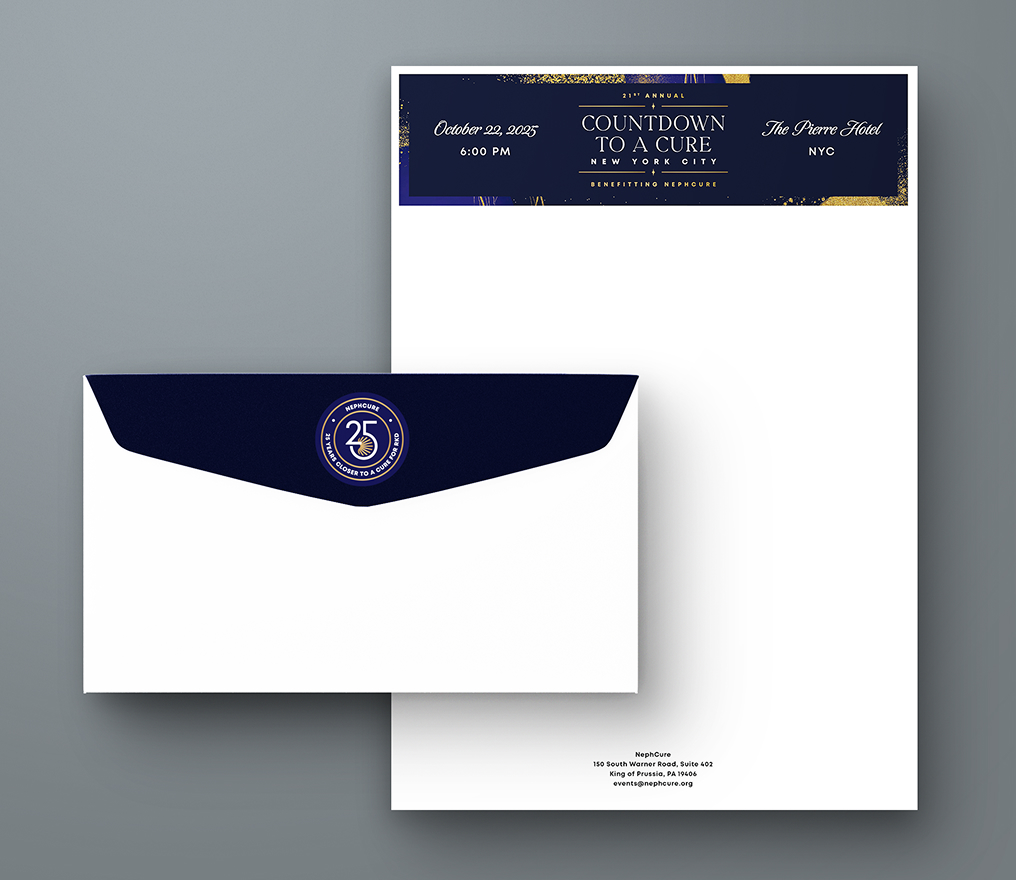 Letterhead with event details and Countdown to a Cure logo in dark blue and gold, paired with a matching envelope.