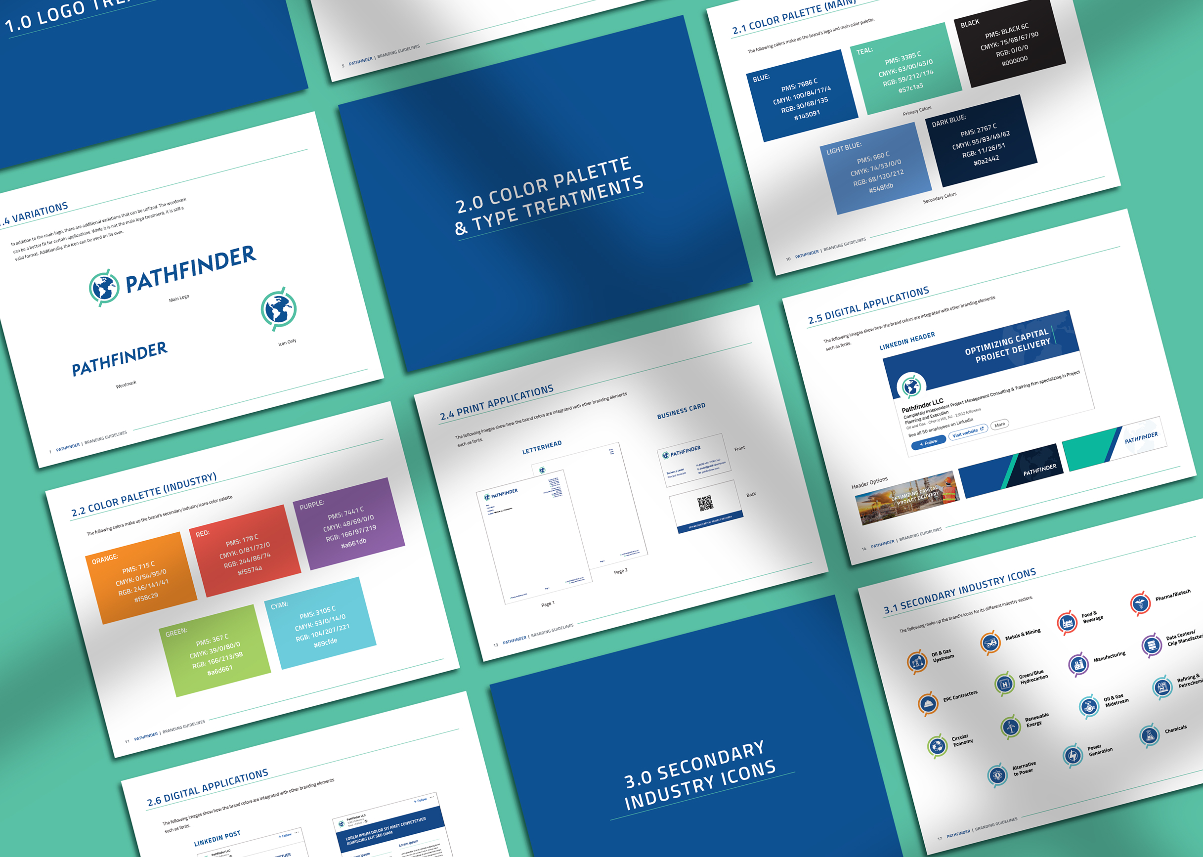 Pathfinder-BrandGuidelines A grid of pages from the Pathfinder brand guidelines sits on a teal background. Pages include color palettes, logos, industry icons, and type treatments. Tone is professional.