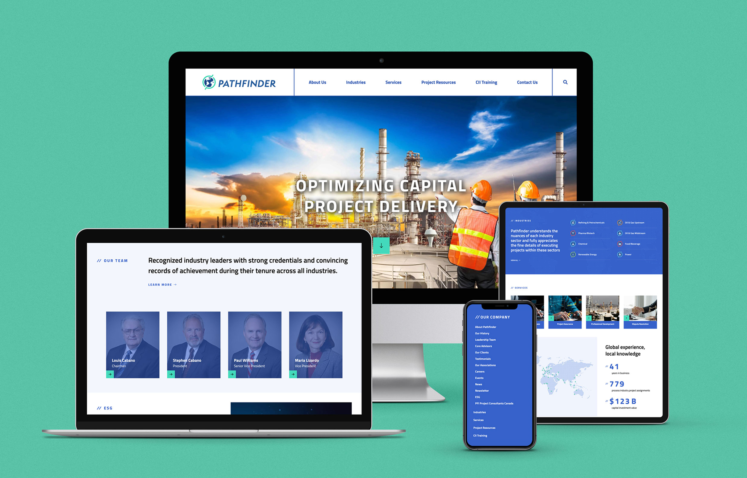 Pathfinder-Devices A set of different devices including a laptop, desktop, tablet, and smartphone. Each displays pages from the Pathfinder website. The desktop shows an industrial scene; laptops and tablets display team and service details. The mood is professional and modern.