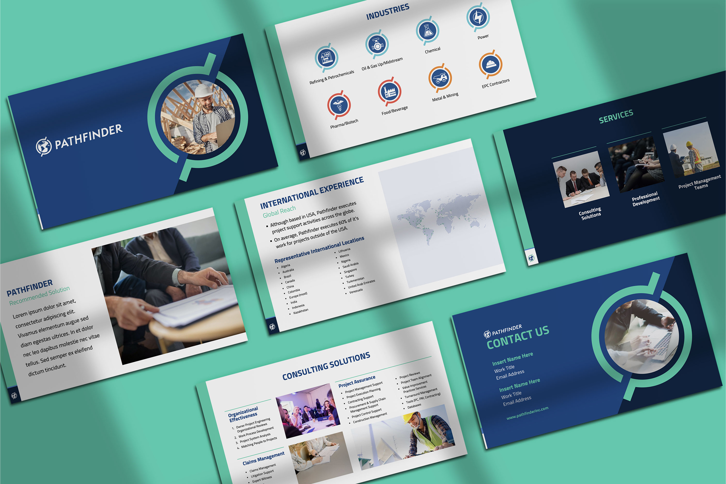 Pathfinder-Slides A presentation layout for Pathfinder features six slides on a teal background. Slides display text on services, industries, international experience, consulting solutions, and contact info, with images conveying business themes.