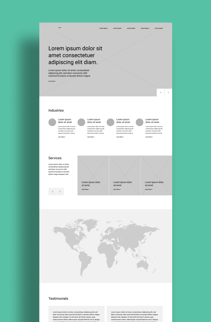 Pathfinder-Wireframes A wireframe layout for Pathfinder's homepage on a teal background features a large header with placeholder text, sections for industries, services, a world map, and testimonials.