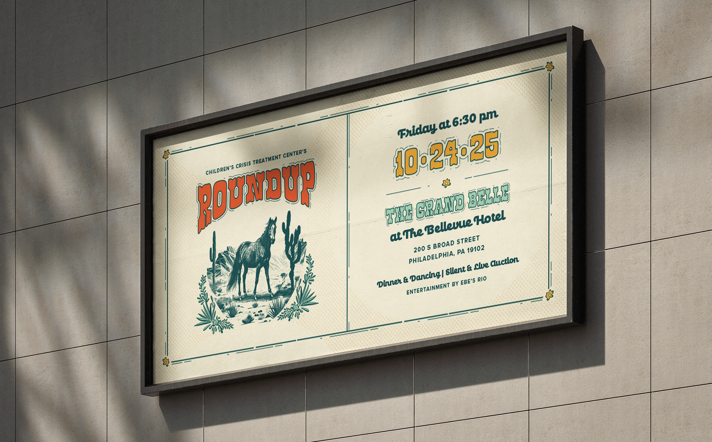 Roundup-Banner Framed banner on a wall showcasing CCTC's Roundup event. Features an illustrated horse in a desert scene, event details in bold text, and a vintage style.