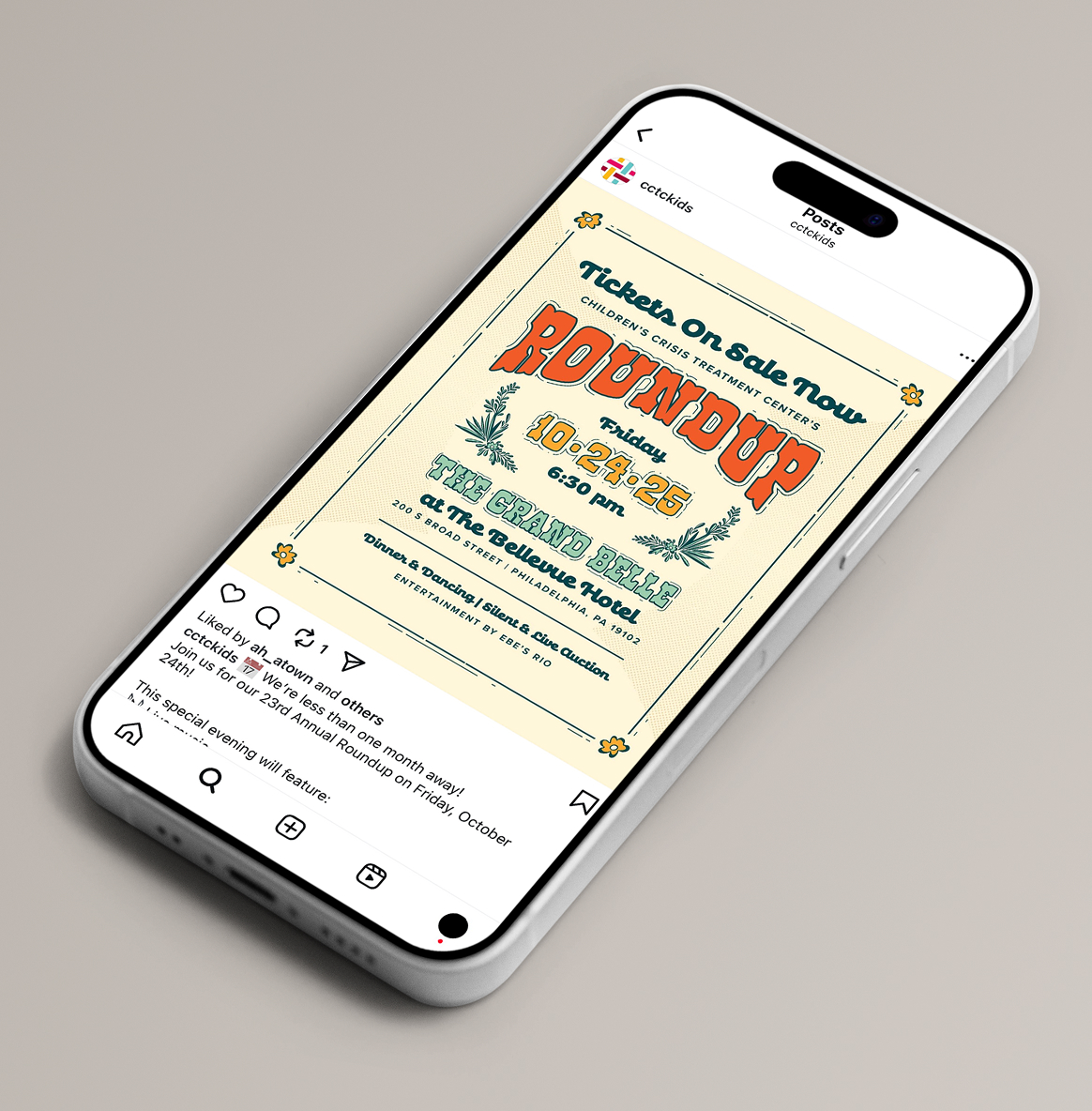 Roundup-Insta A phone displays an Instagram post for CCTC's Roundup. The post features "Roundup" in bold orange text with event details on top of a beige background.