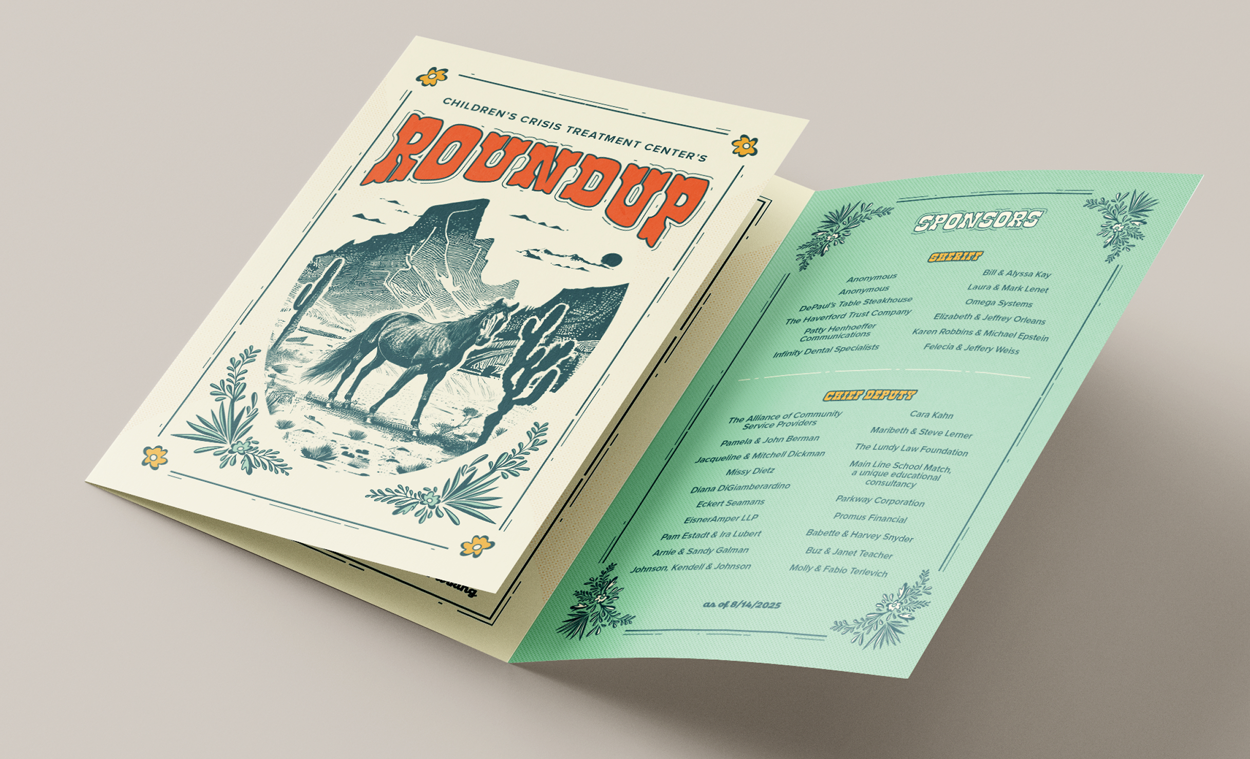 Roundup-Invite1 A tri-fold invitation for CCTC's Roundup event. The cover features navy blue illustrations of a horse and cactus against a desert backdrop with "Roundup" on top in bold orange letters. An open flap reveals a list of sponsors on a mint background.