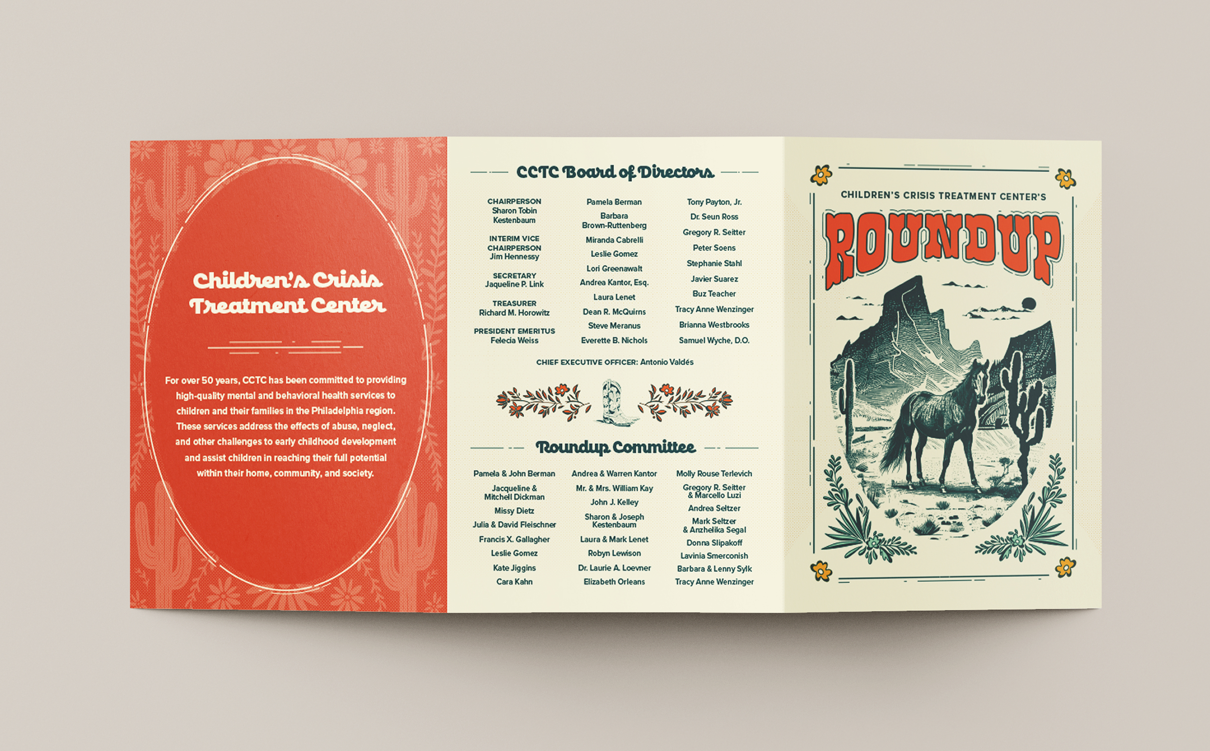 Roundup-Invite2 CCTC's Roundup trifold invitation lays open on a beige background. The left side shows a red section with mission statement. The center lists board and committee names. The right side shows a western-themed "Roundup" design with a horse in a desert setting. Floral accents appear throughout.