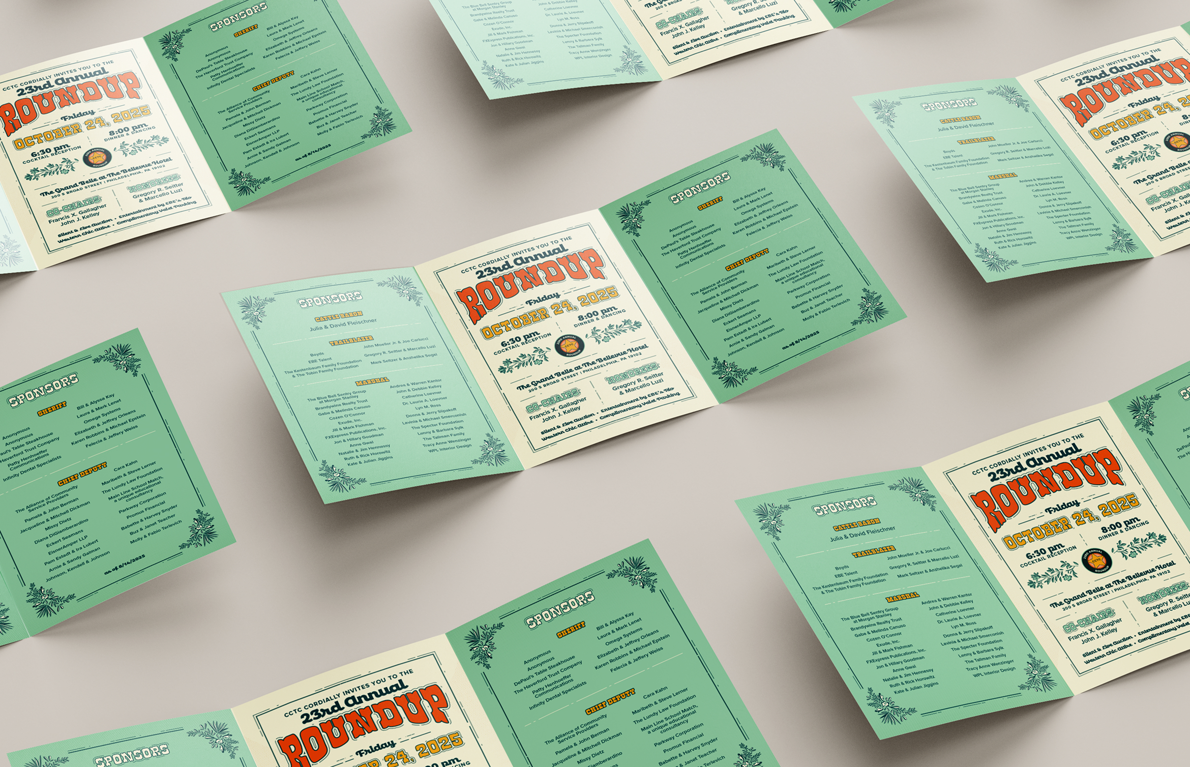 Roundup-Invite3 Multiple copies of CCTC's Roundup trifold invitation rests on a light gray background. The invitation shows a central panel with event information. The left and right panels list sponsors on mint green backgrounds.