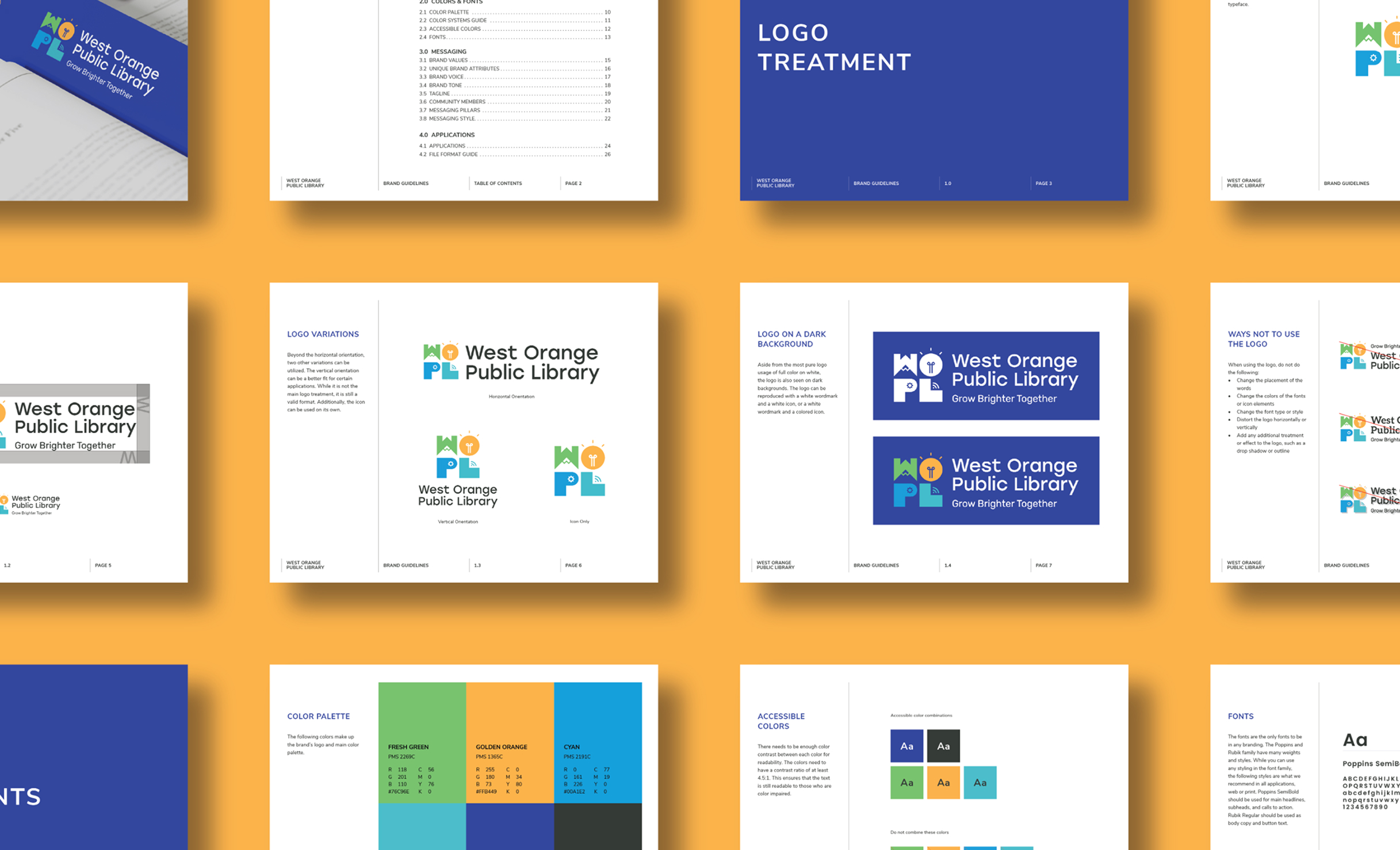 WOPL-BrandGuidelines Grid layout on an orange backdrop showing pages from the brand guidelines for West Orange Public Library. Includes logos, color palettes, and typography.