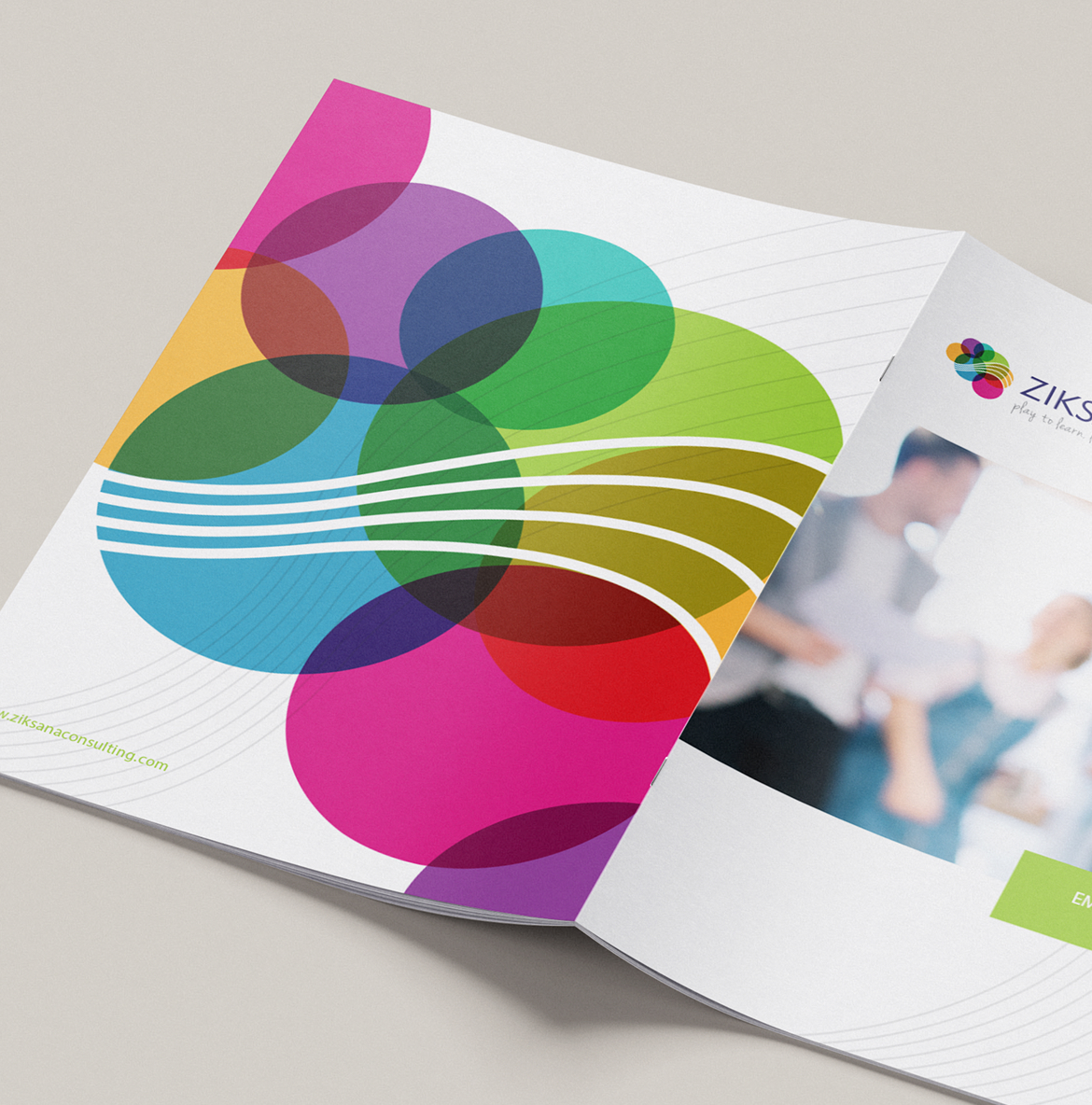 Open brochure with vibrant overlapping circles in pink, green, blue, and yellow on the left. Right side shows blurred image of people with the Ziksana logo.