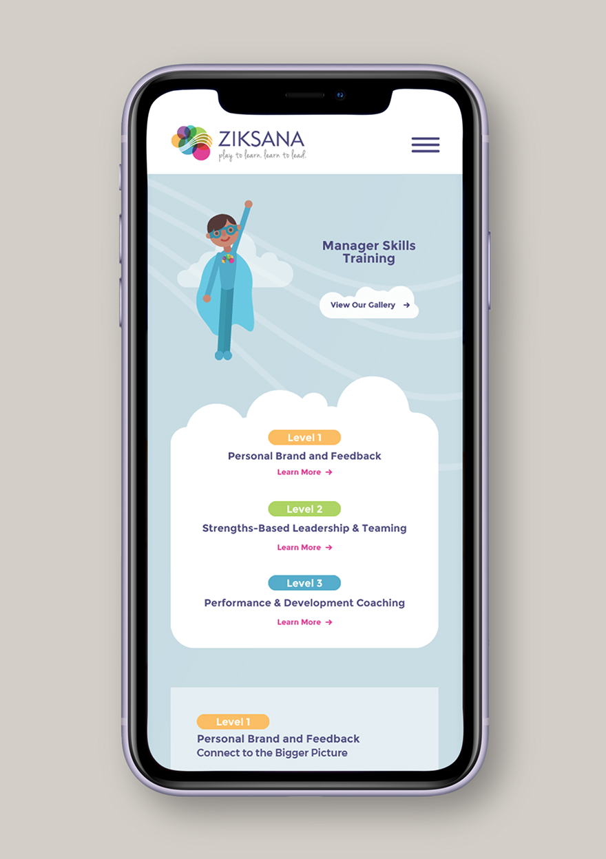 Smartphone screen showing a page from the Ziksana website for manager skills training. Features a cartoon superhero figure and a list of courses divided into three levels.